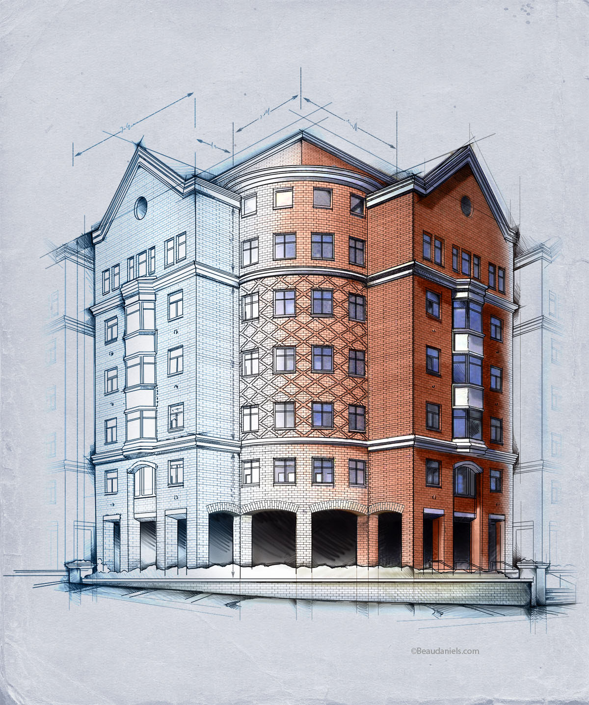 Atlanta Arts Building on a blueprint background.