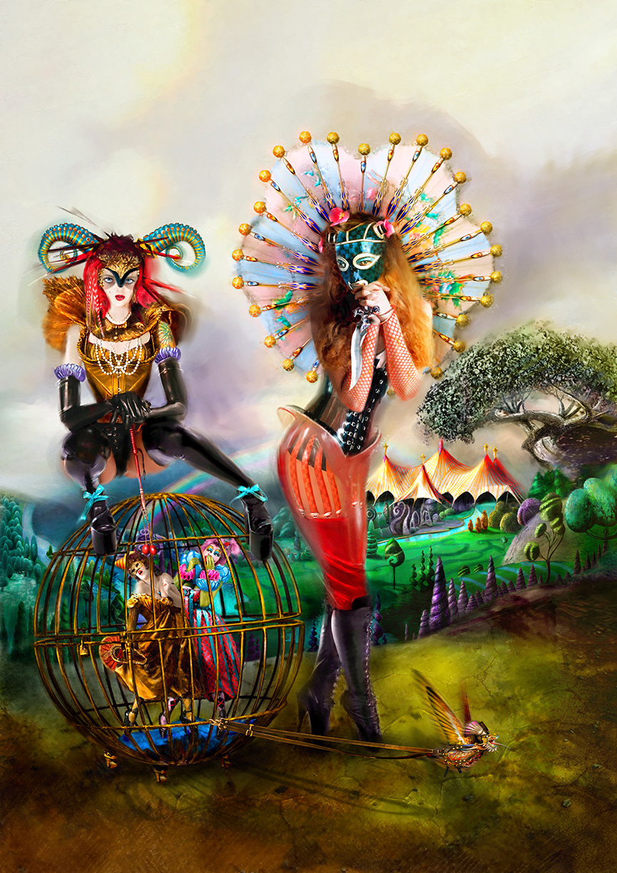 SO CUTE CAN I HAVE ONE, The circus comes to town. I had been working for Disney on Tinker Bell’s home of Pixie Hollow, and I drifted off and found a carnival approach of strange magical trees in a saturated landscape. The two main characters are the Ring Mistress for the Carnival, and the Protector of Innocence. The two girls dancing in the ball are a portrayal of captive innocence being dragged forth into the unknown; the lady with the knife is protecting them from whatever lies ahead in the unknown, but she probably wants one for her own more than she should