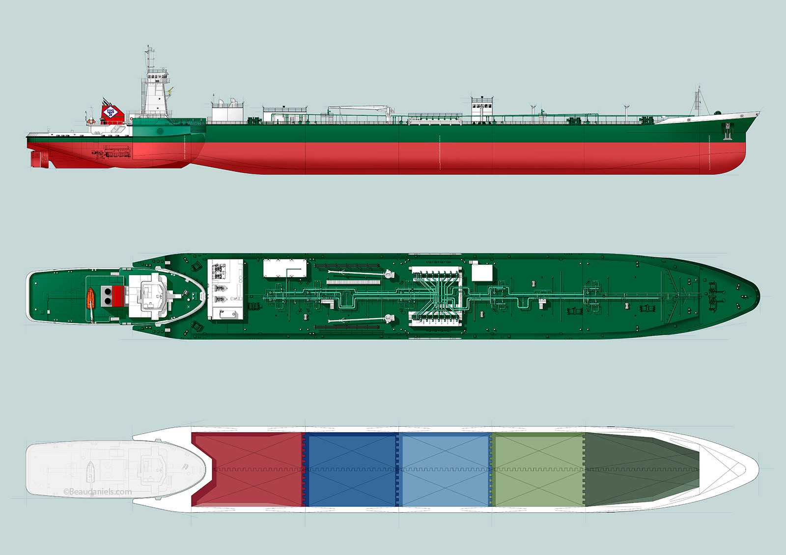 Elevation drawings of a US Shipping Tug and Tanker system.