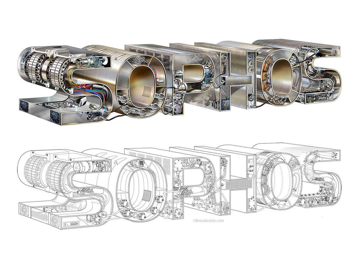 Technical illustration, Beau and Alan Daniels. - SOPHOS logo