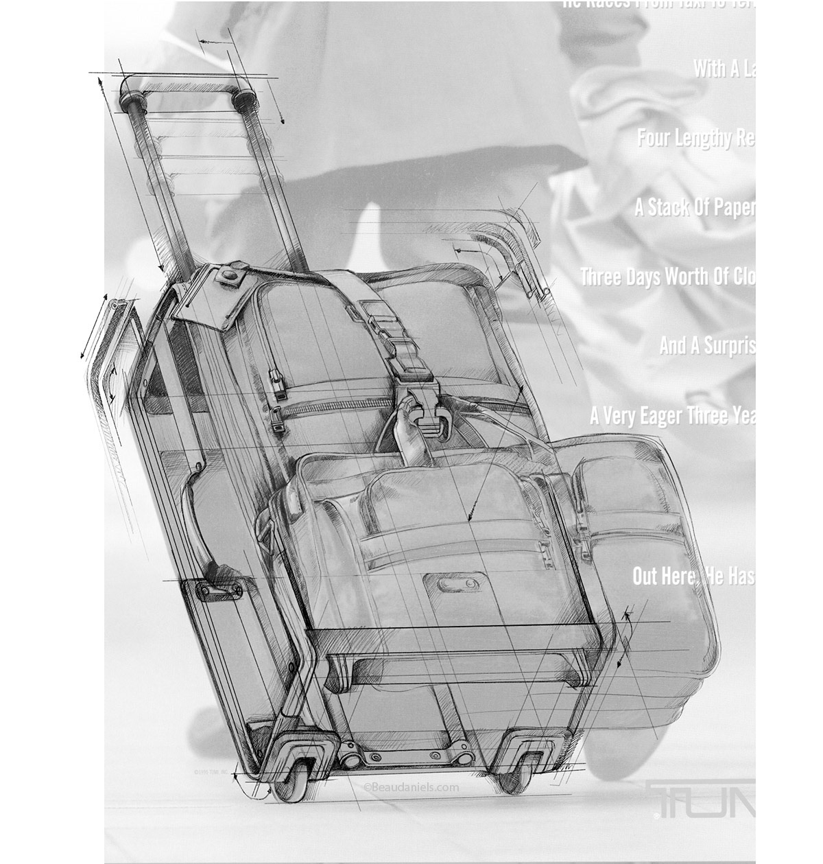 The final illustration as an overlay. Tumi Luggage illustrations