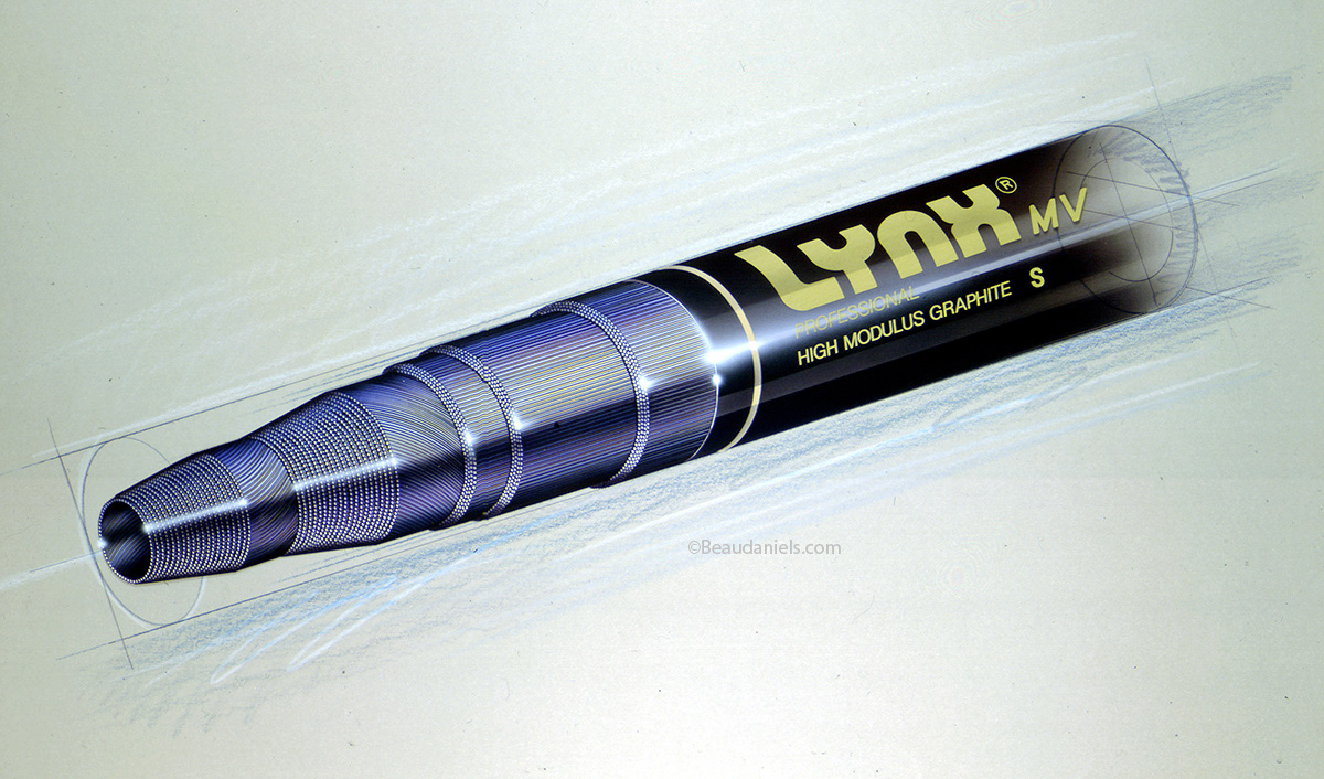 Golf shaft, traditional airbrush on film cutaway illustration.
