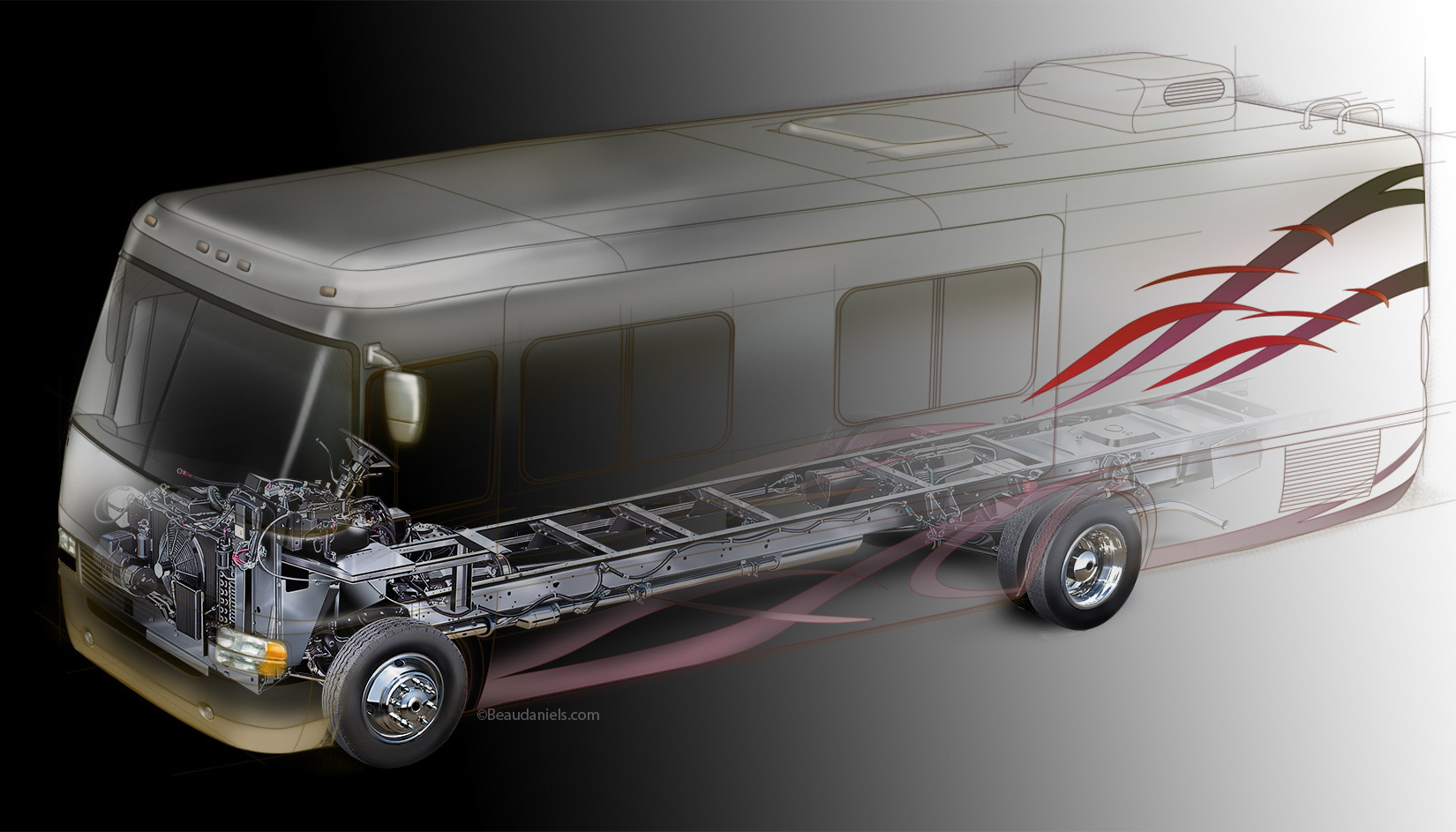 Recreational vehicle ghosted illustration.
