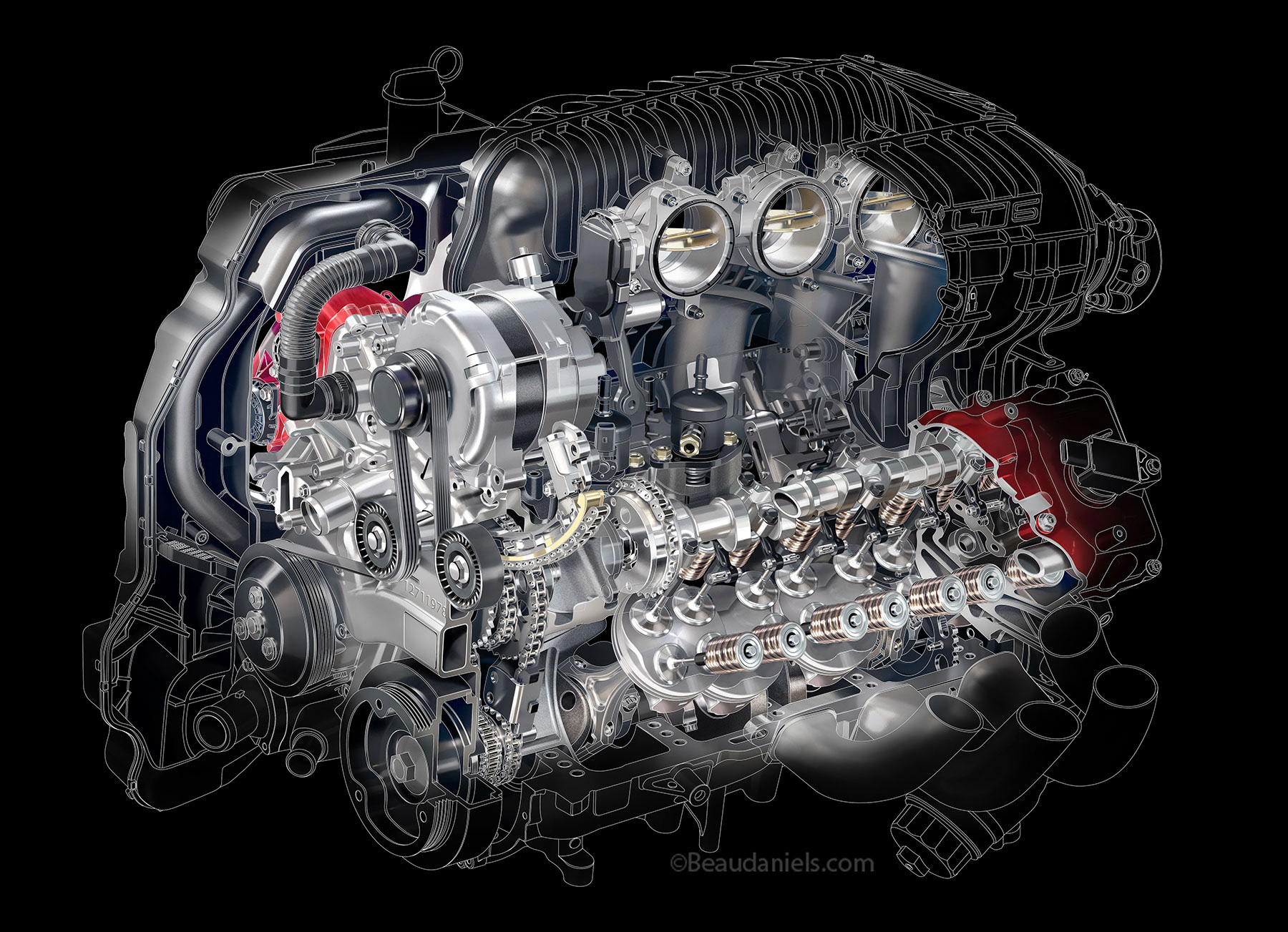 Corvette Z06 engine cutaway for Road and Track