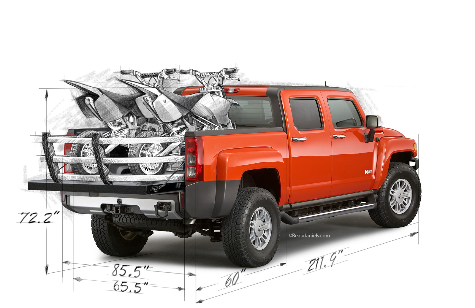 Hummer H3T, dirt bike package. Drawn and composited in photoshop.