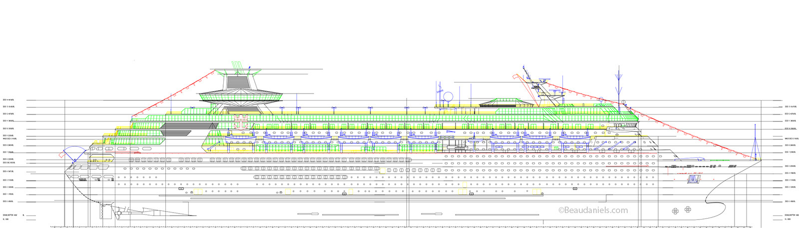 Monarch of the Seas, profile illustration with all decks and dimensions.