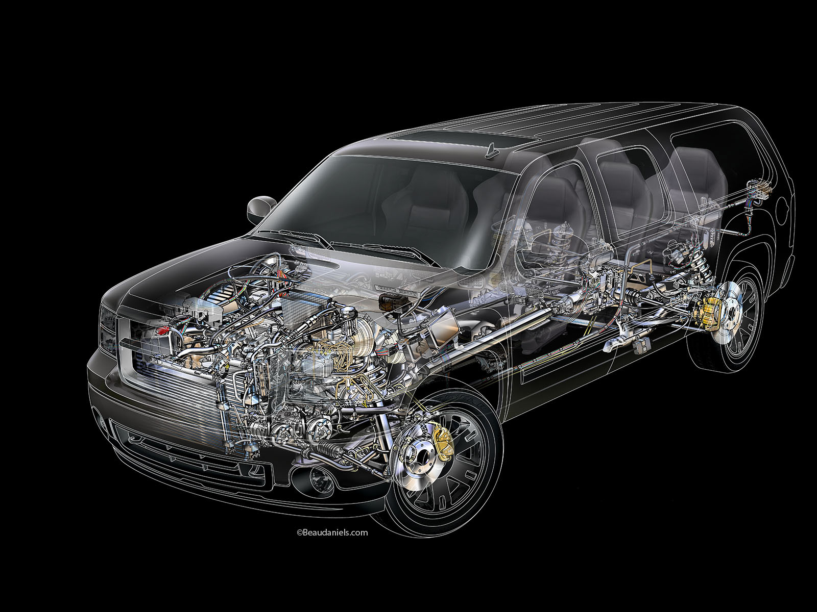 Wireframe SUV cutaway illustration.