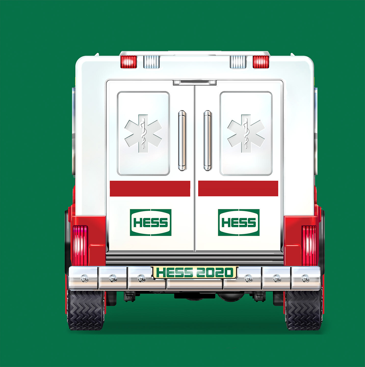 Hess toy truck rear, ambulance, packaging illustration.