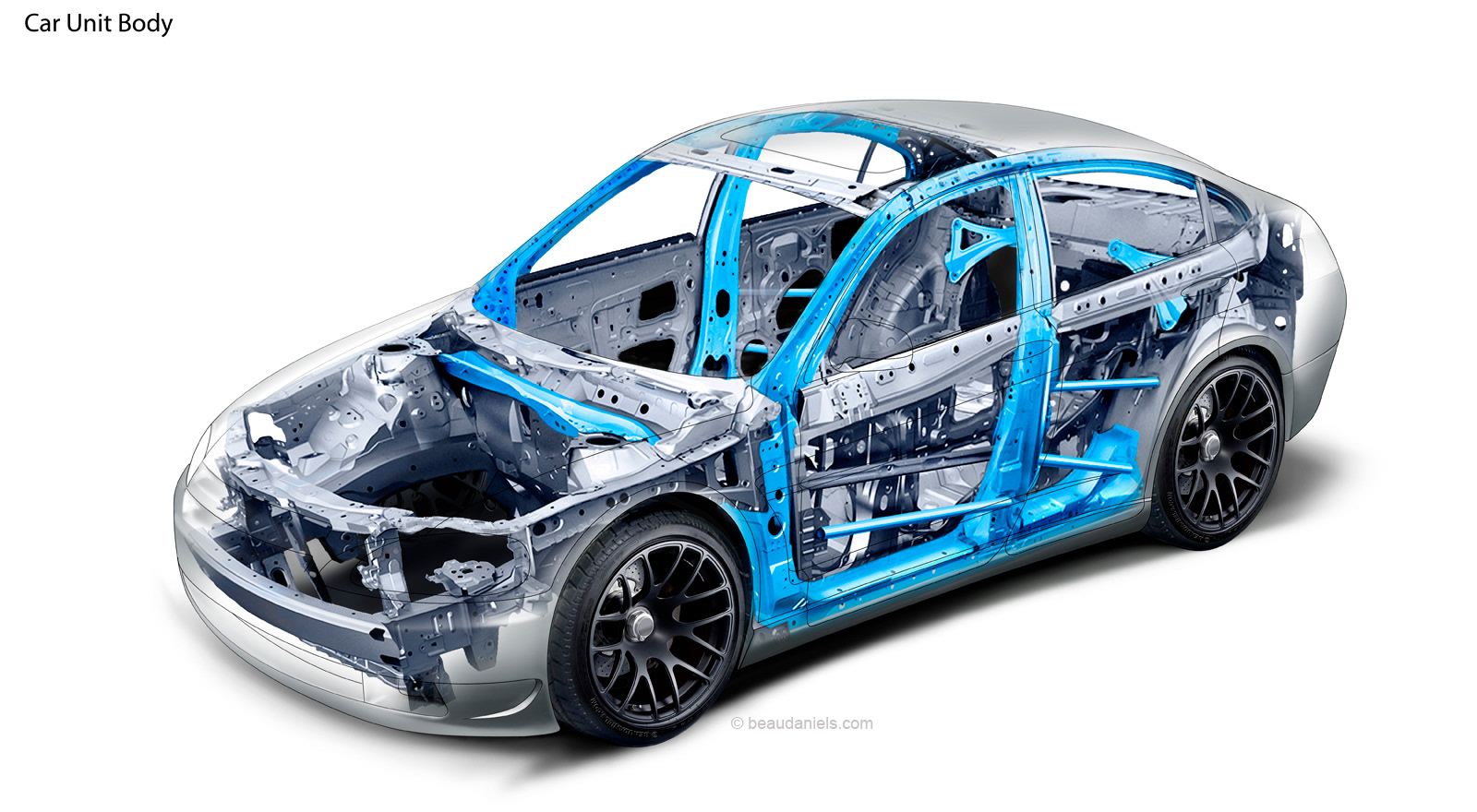 Car interior structure. Cutaway automotive illustration. Vehicle interior structure, safety cages, side door beams, seat structure and subframes. Crumple zones are designed to absorb the energy from the impact during a traffic collision by controlled deformation. Hopefully keeping the sharp bits from the soft bits.