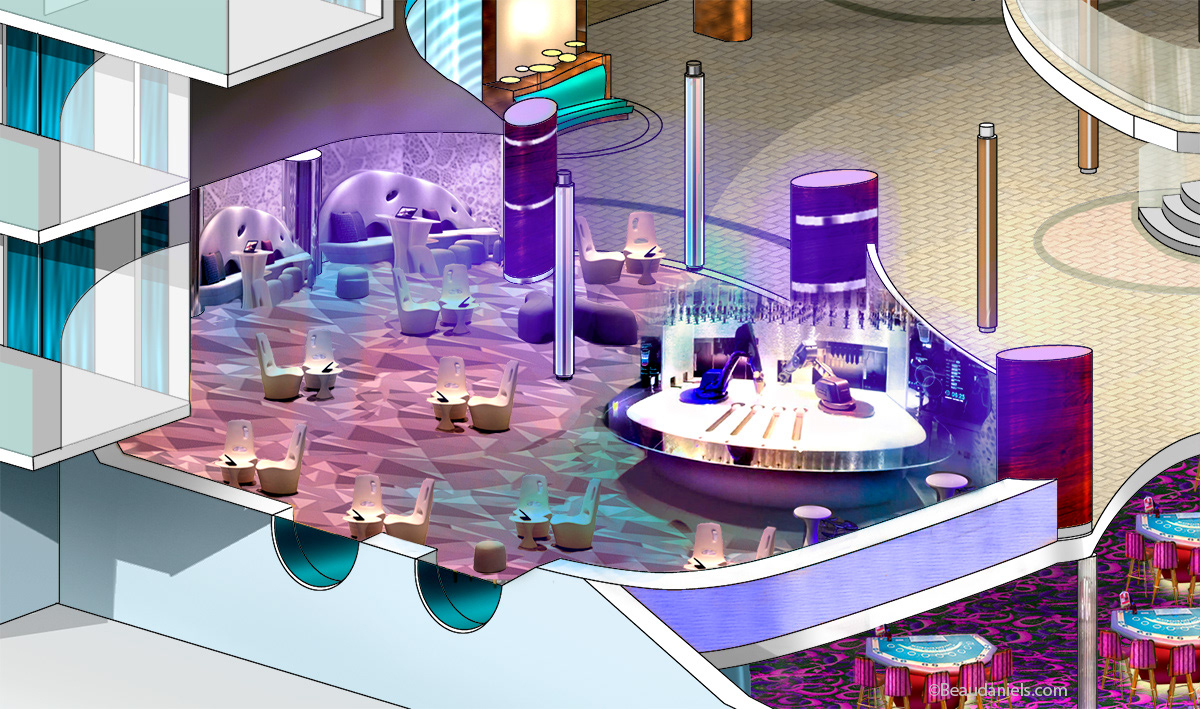 Bionic Bar on the Royal Promenade, featuring robot bartenders serving up one-of-a-kind crafted cocktails while dancing to a fluid beat.