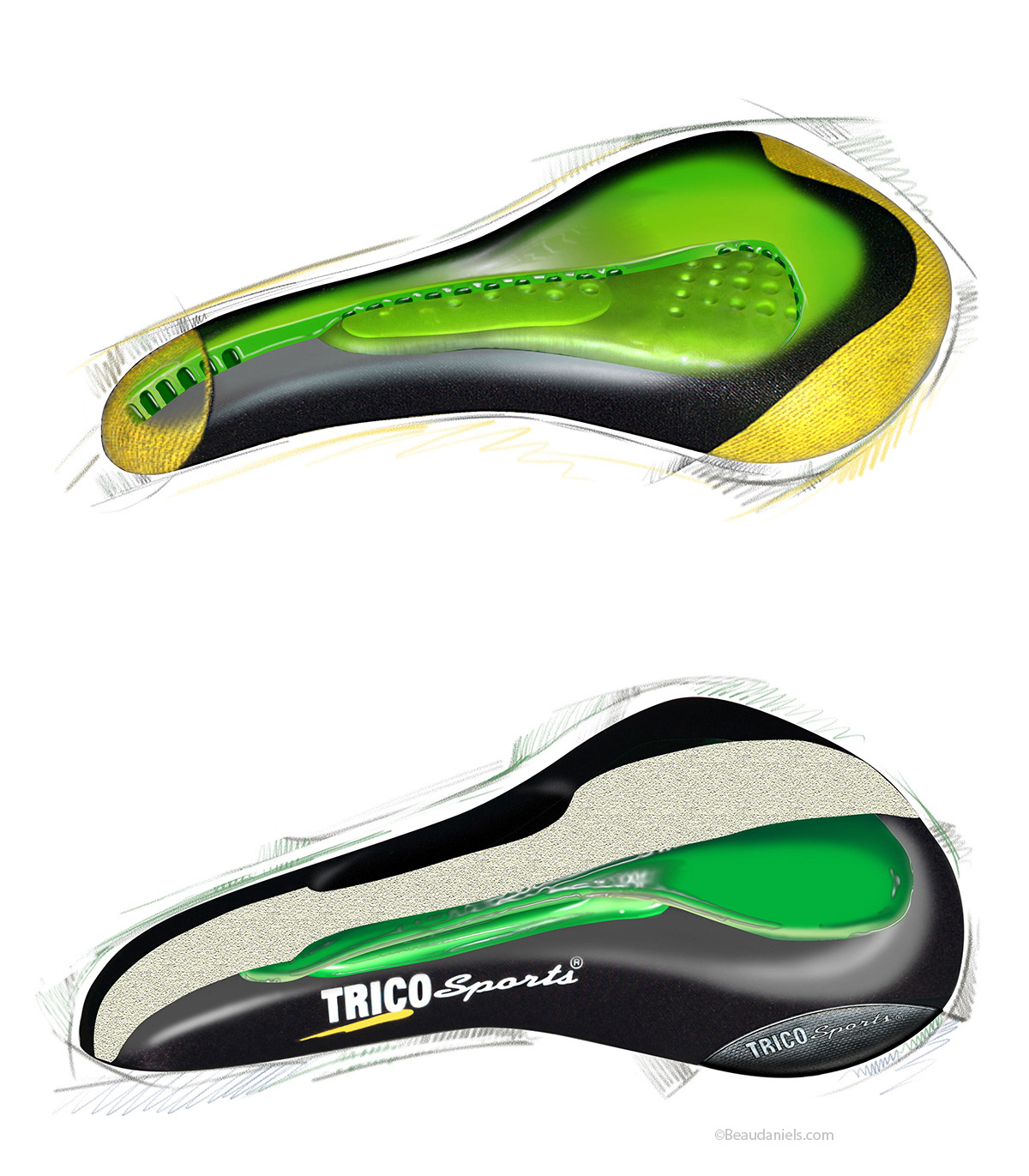 Bicycle seats, memory gel, cutaway illustration.