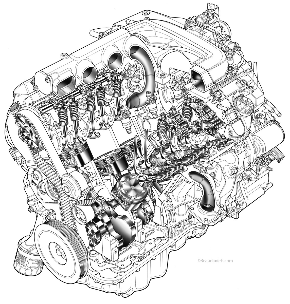 Line art and tone of a generic car engine, six cylinder