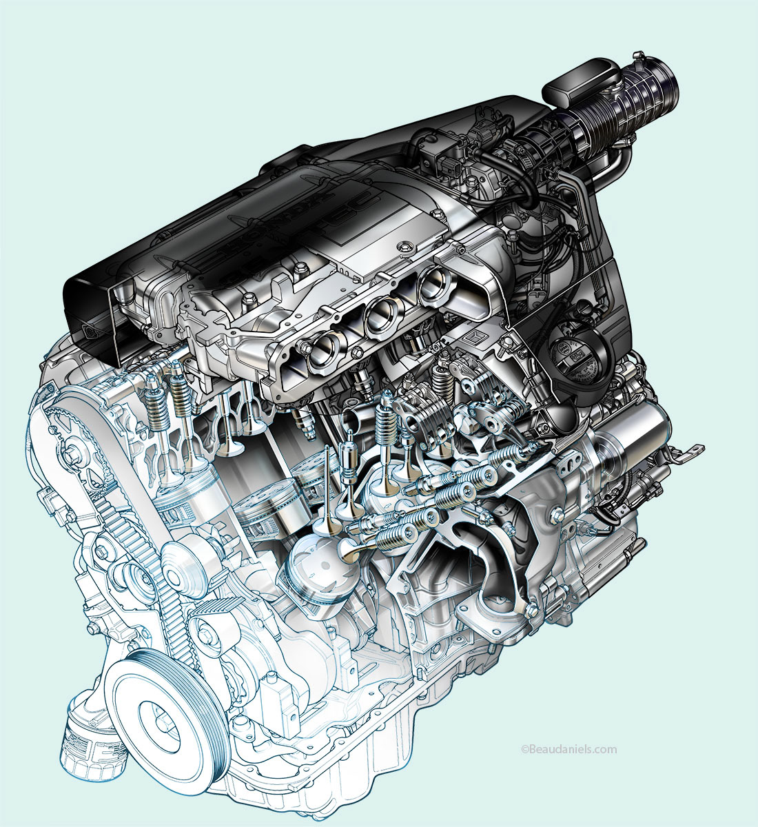 Cutaway generic car engine.