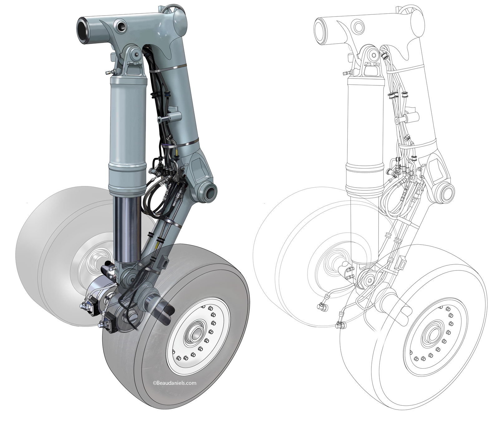 Aircraft landing gear, ghosted technical illustration.