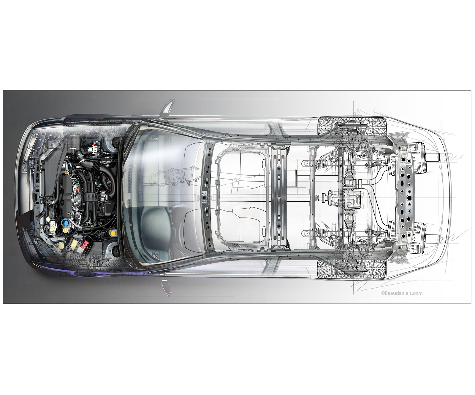 A generic overhead technical illustration of an AWD vehicle. Cutaway to show, engine, driveline, suspension, safety frame, exhaust, differential etc.