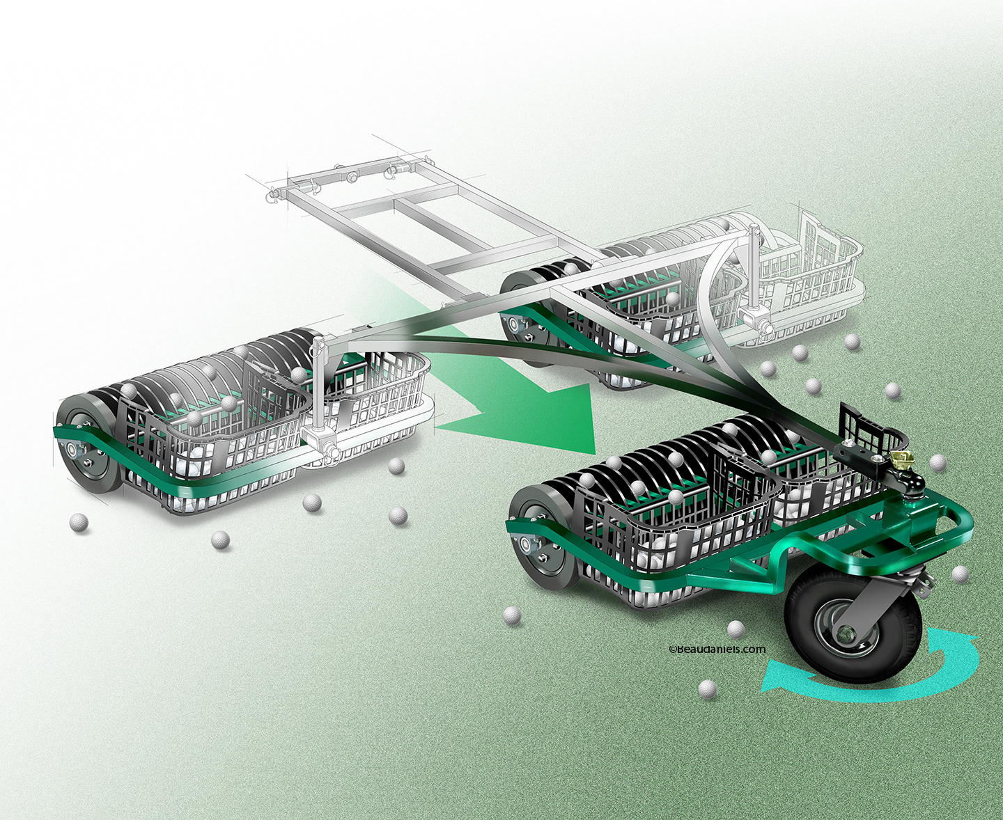 Golf ball picker, ghosted technical illustration.