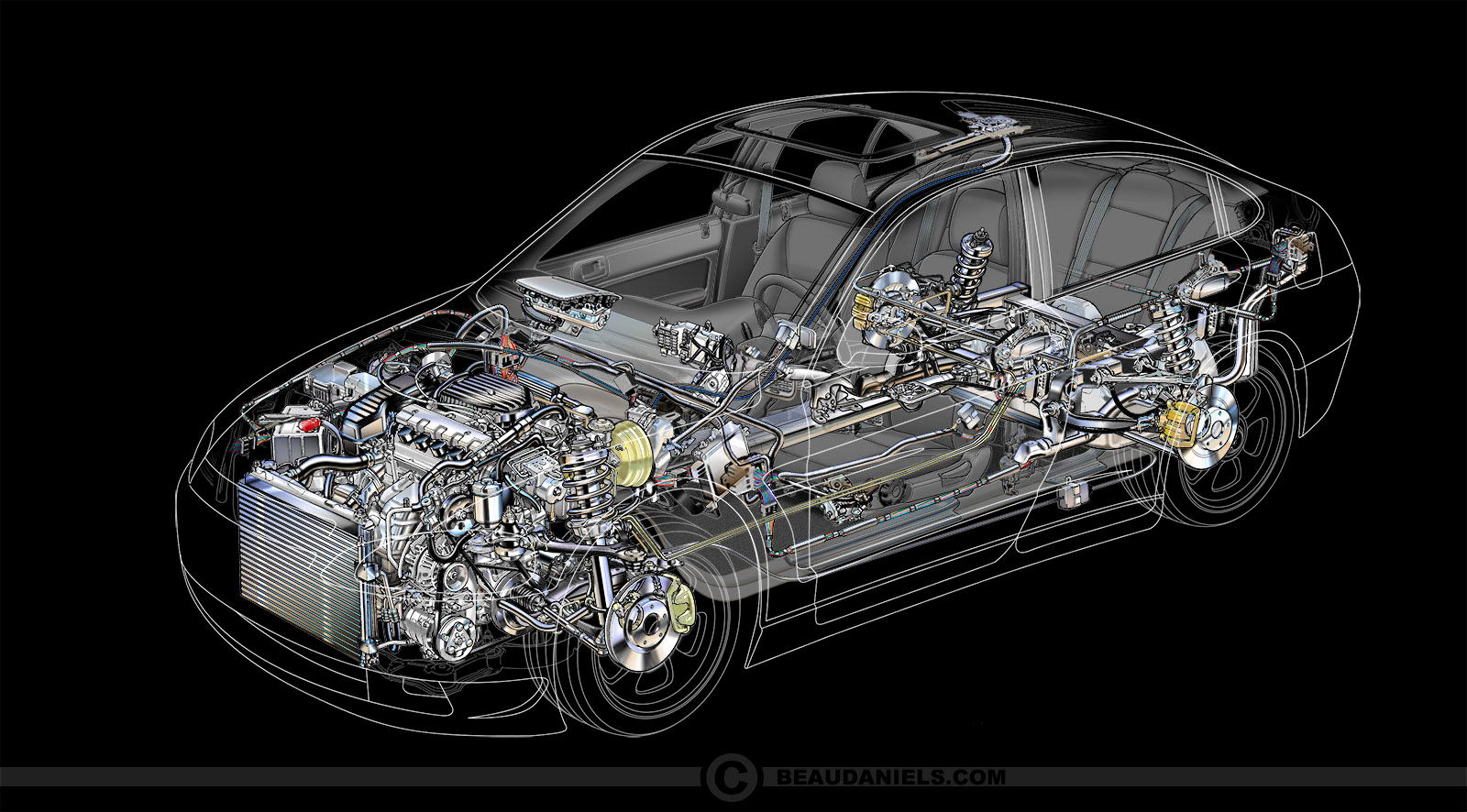 Wireframe style technical illustration of a generic car.