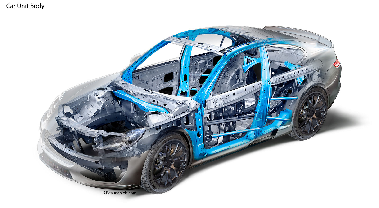 Car interior structure. Cutaway automotive illustration. Vehicle interior structure, safety cages, side door beams, seat structure and subframes. Crumple zones are designed to absorb the energy from the impact during a traffic collision by controlled deformation. Hopefully keeping the sharp bits from the soft bits.