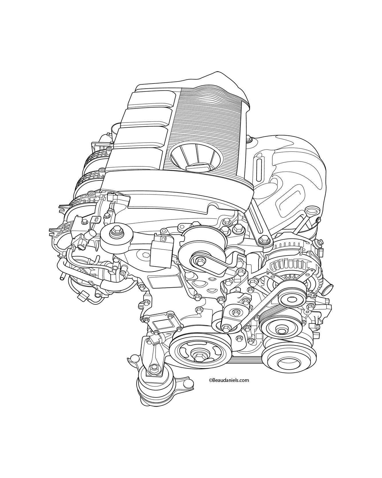 Line art of a vehicle engine.