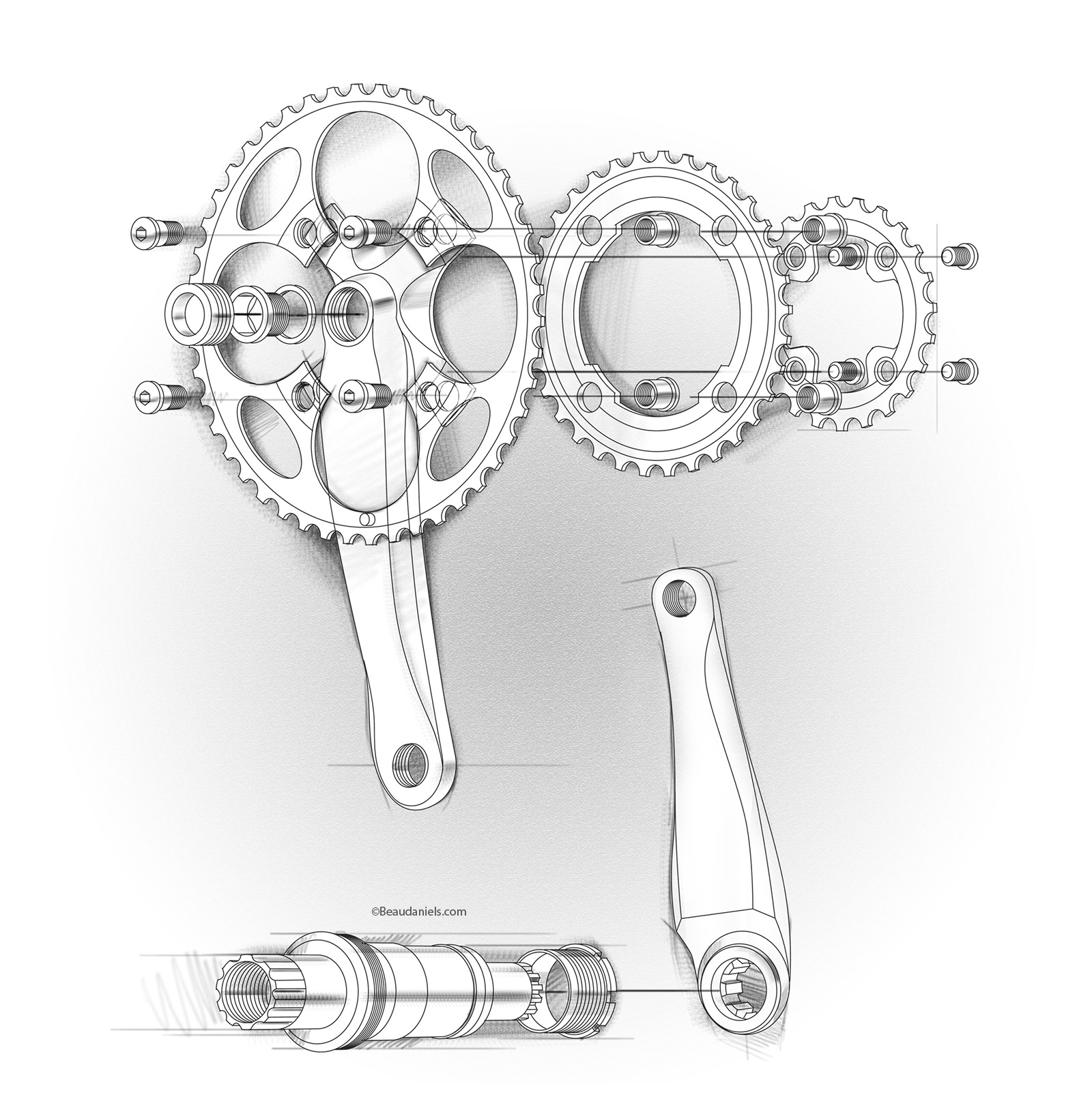 Bicycle crank shaft. Exploded style technical illustration.