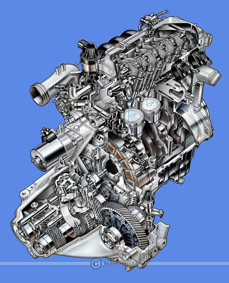 IMA engine and gearbox full cutaway illustration.