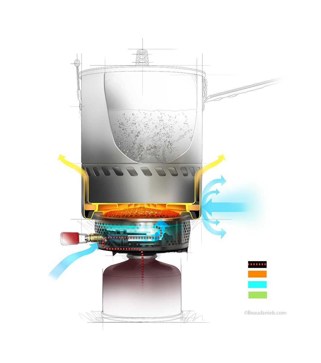 Object was to create a cutaway technical illustration to help show how these stoves can operate in extreme high wind conditions.