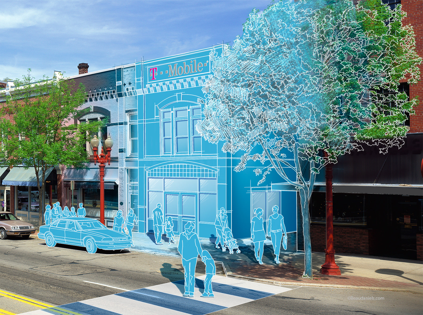 Close up of the illustration. T-Mobile street scene.