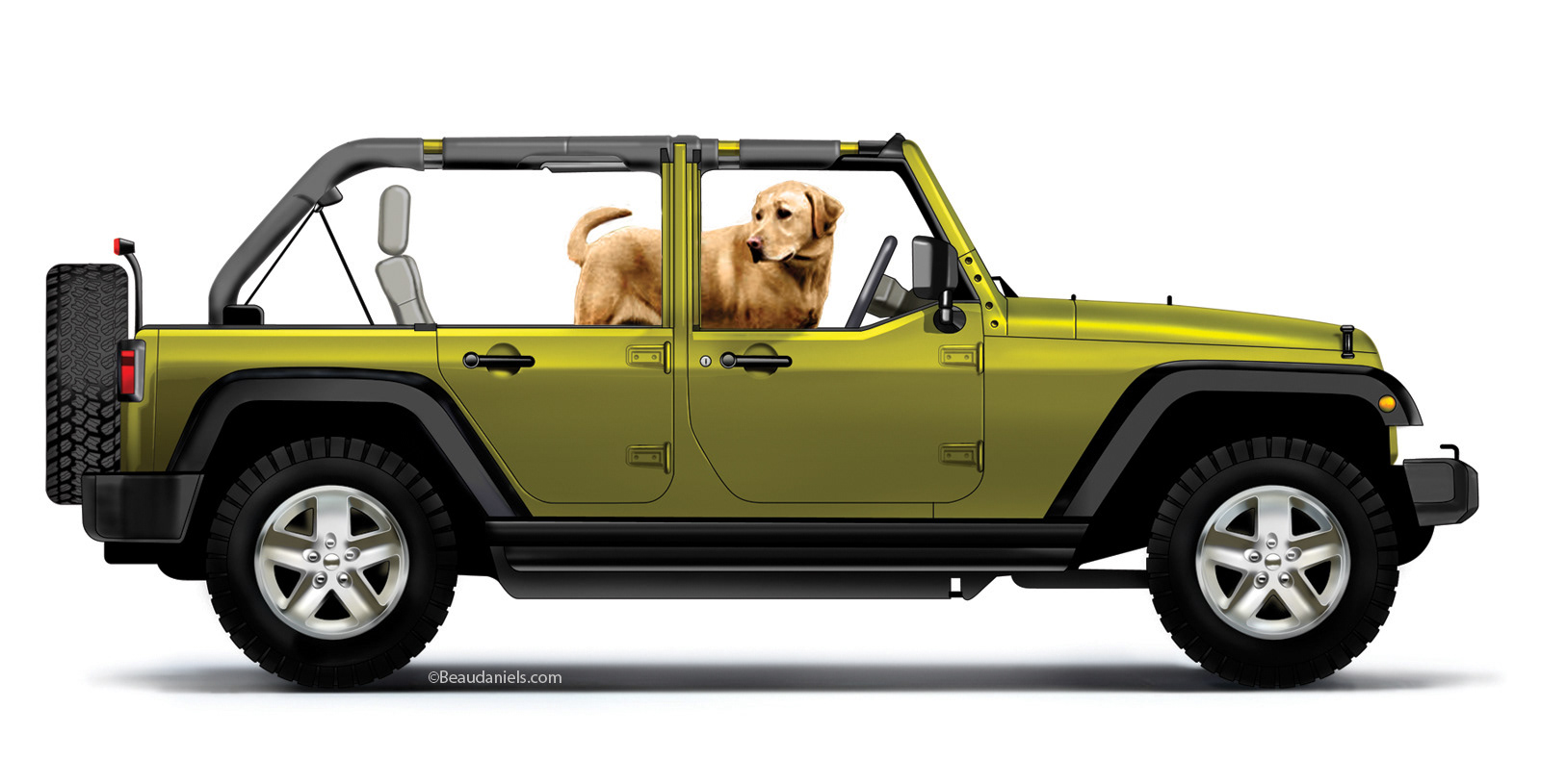 A Jeep Wrangler and a Yellow Labrador.
