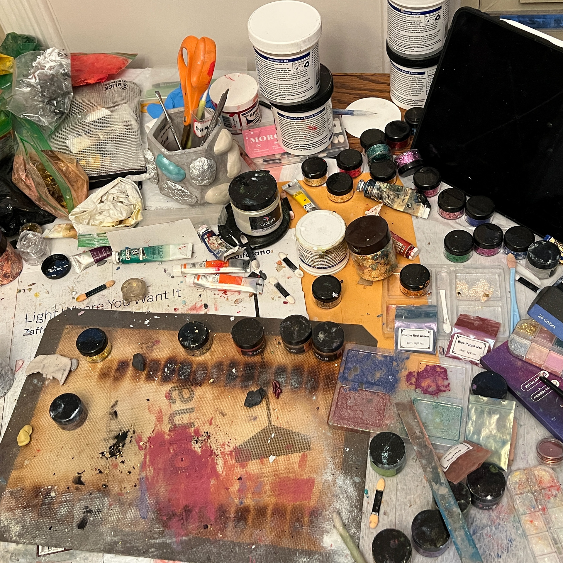 Work Station... the mediums used to create the color and surface of the rocks.