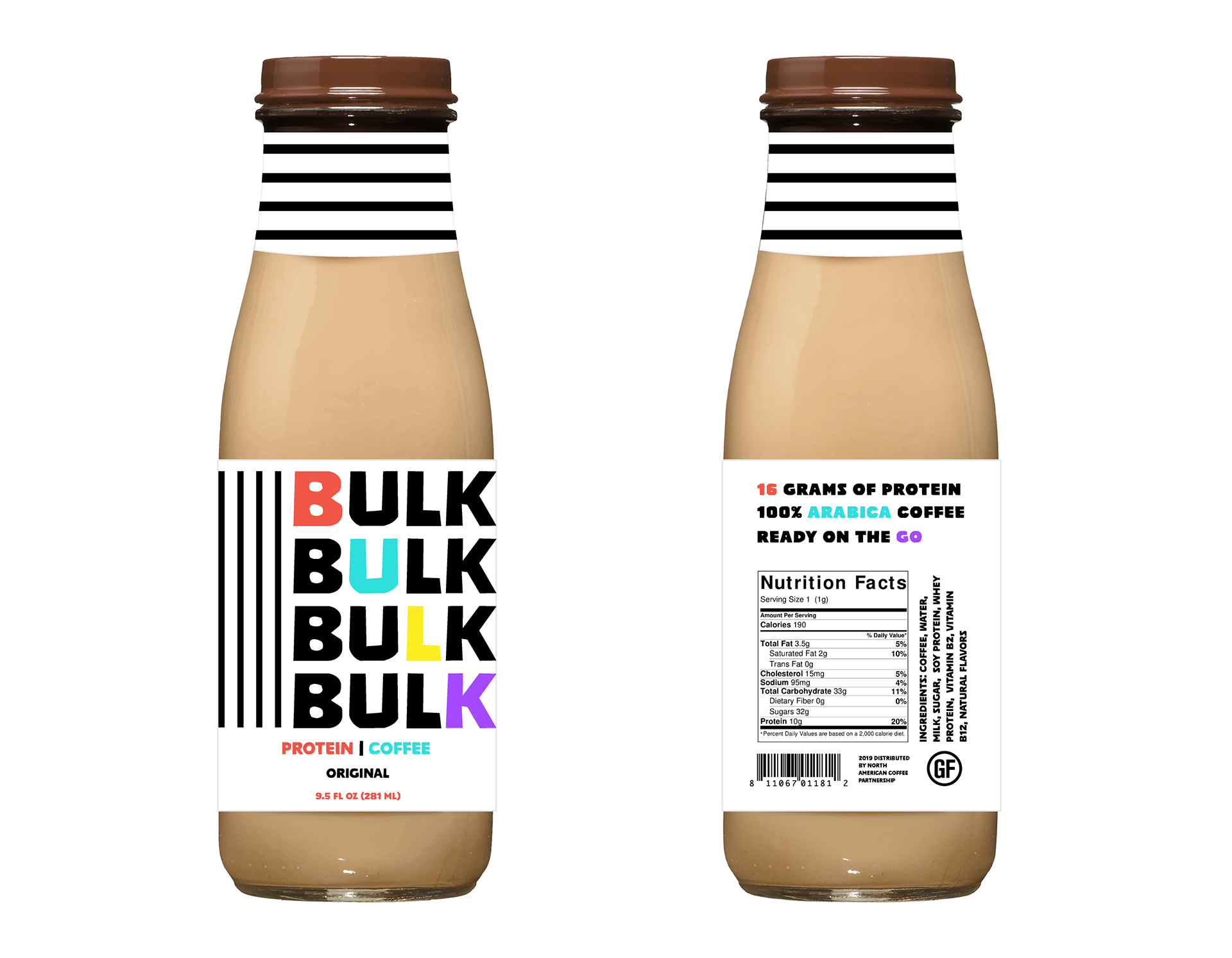 Two bottles displaying front and back packaging