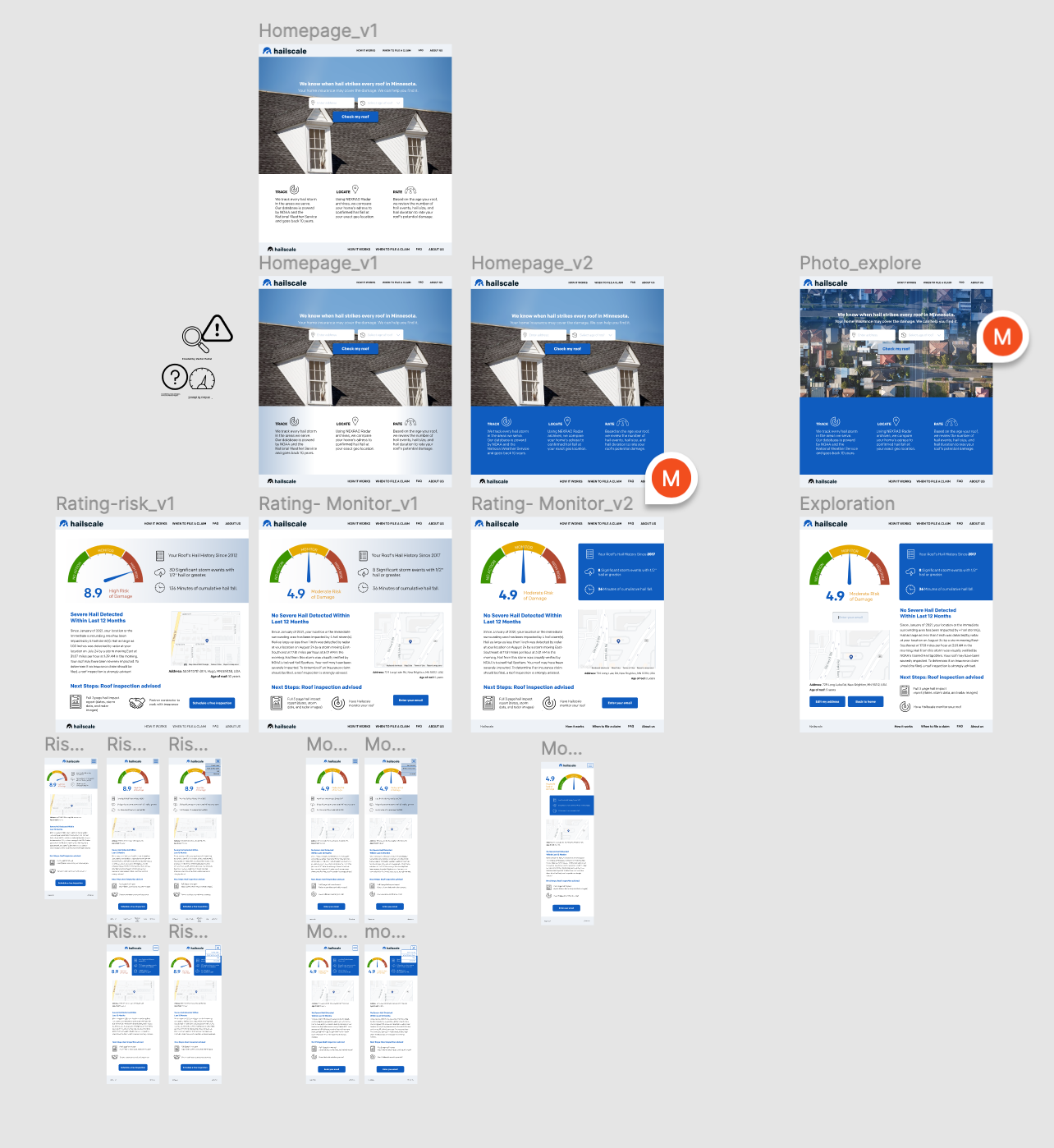 Initial layouts of main pages in both desktop and mobile formats