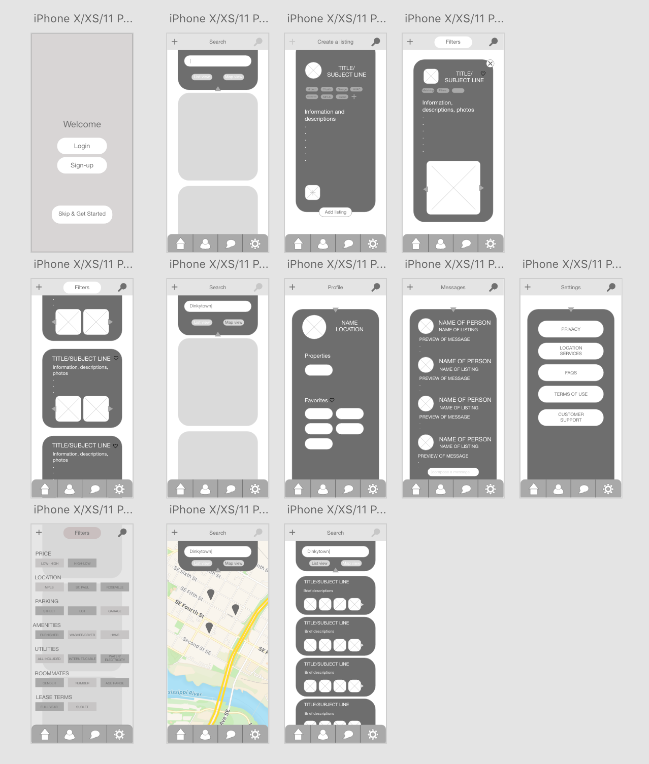 Low-fidelity wireframes for iphone
