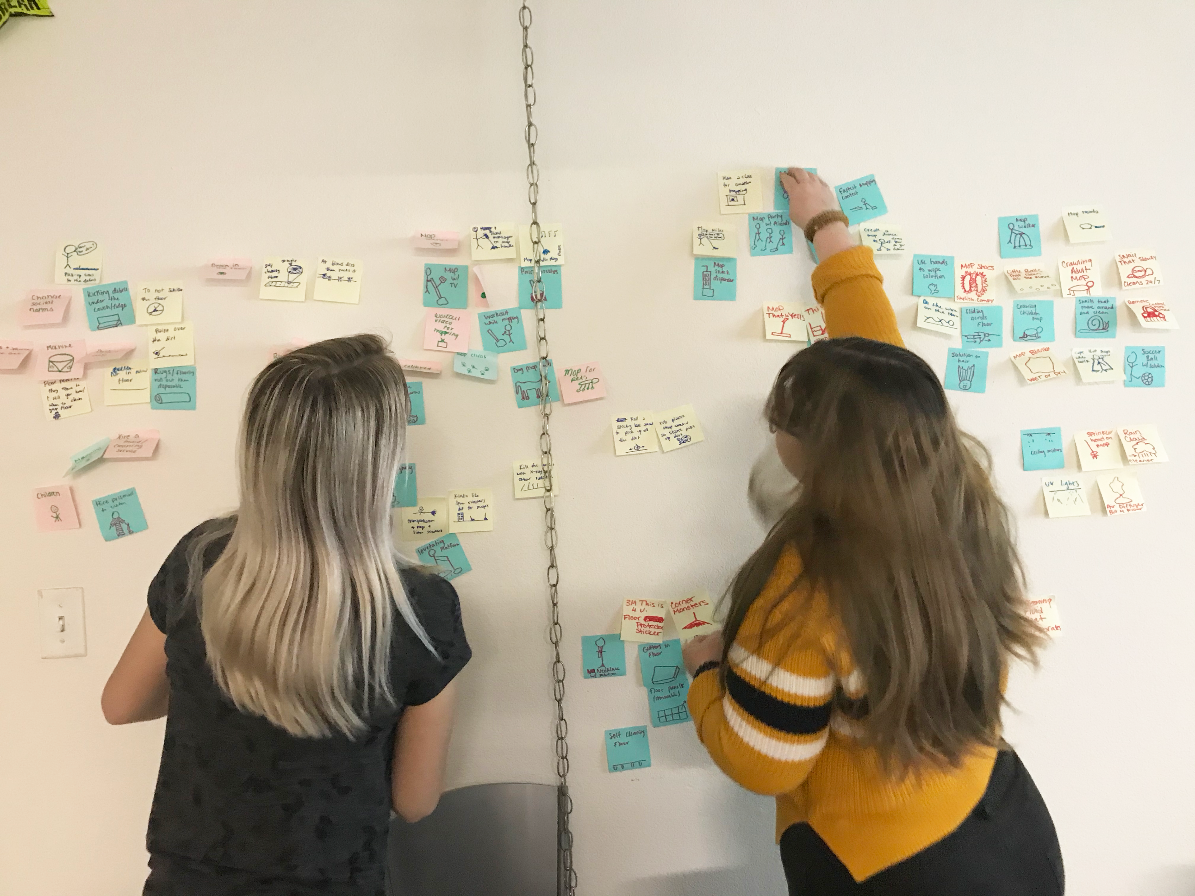 Two people sorting post-its on wall