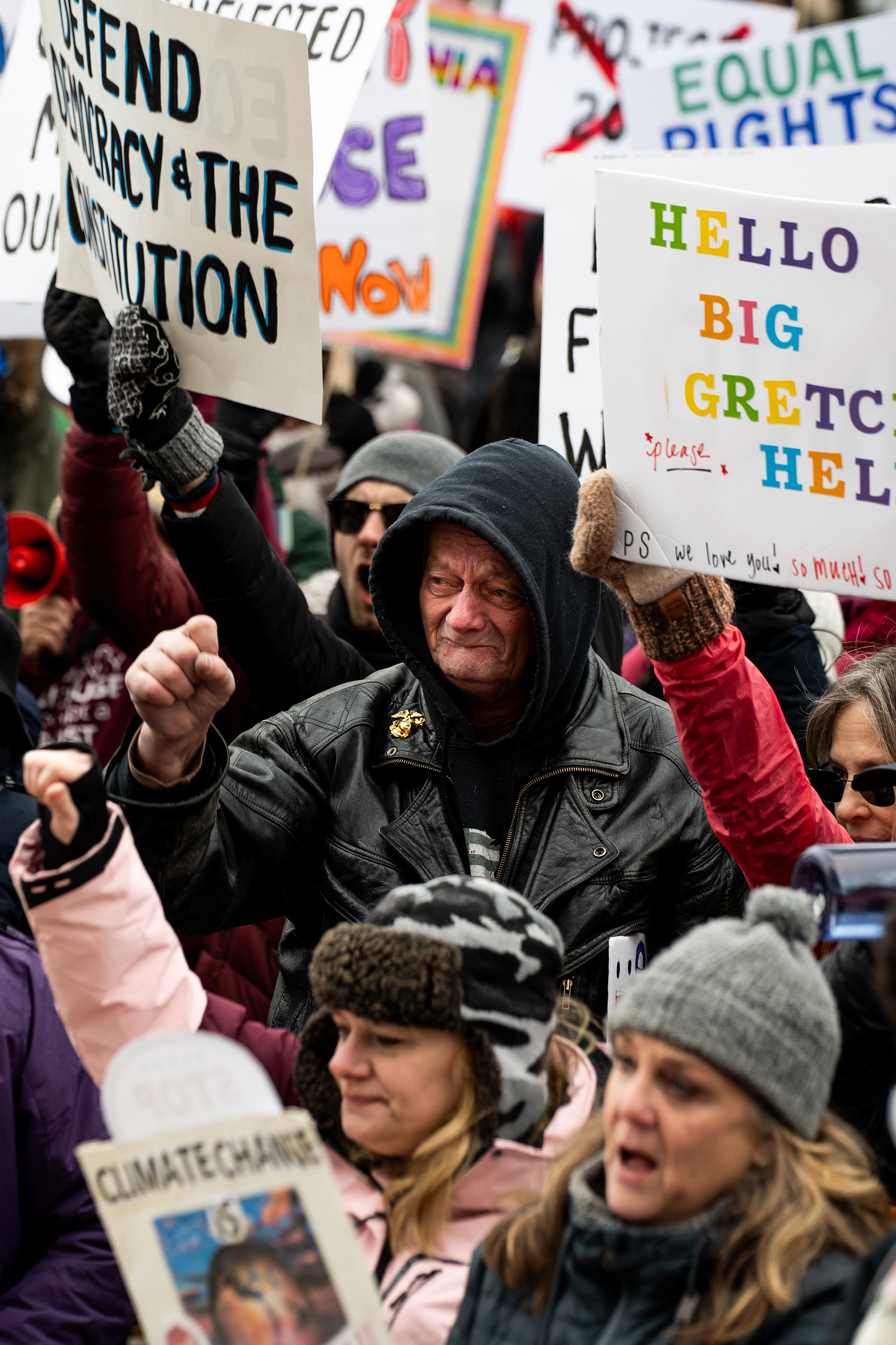 Protesters shout at the Michigan Capitol Building in Lansing, Michigan on Feb. 5, 2025. Protesters gathered at the Michigan Capitol Building to demonstrate against President Donald Trump's cascade of executive orders.