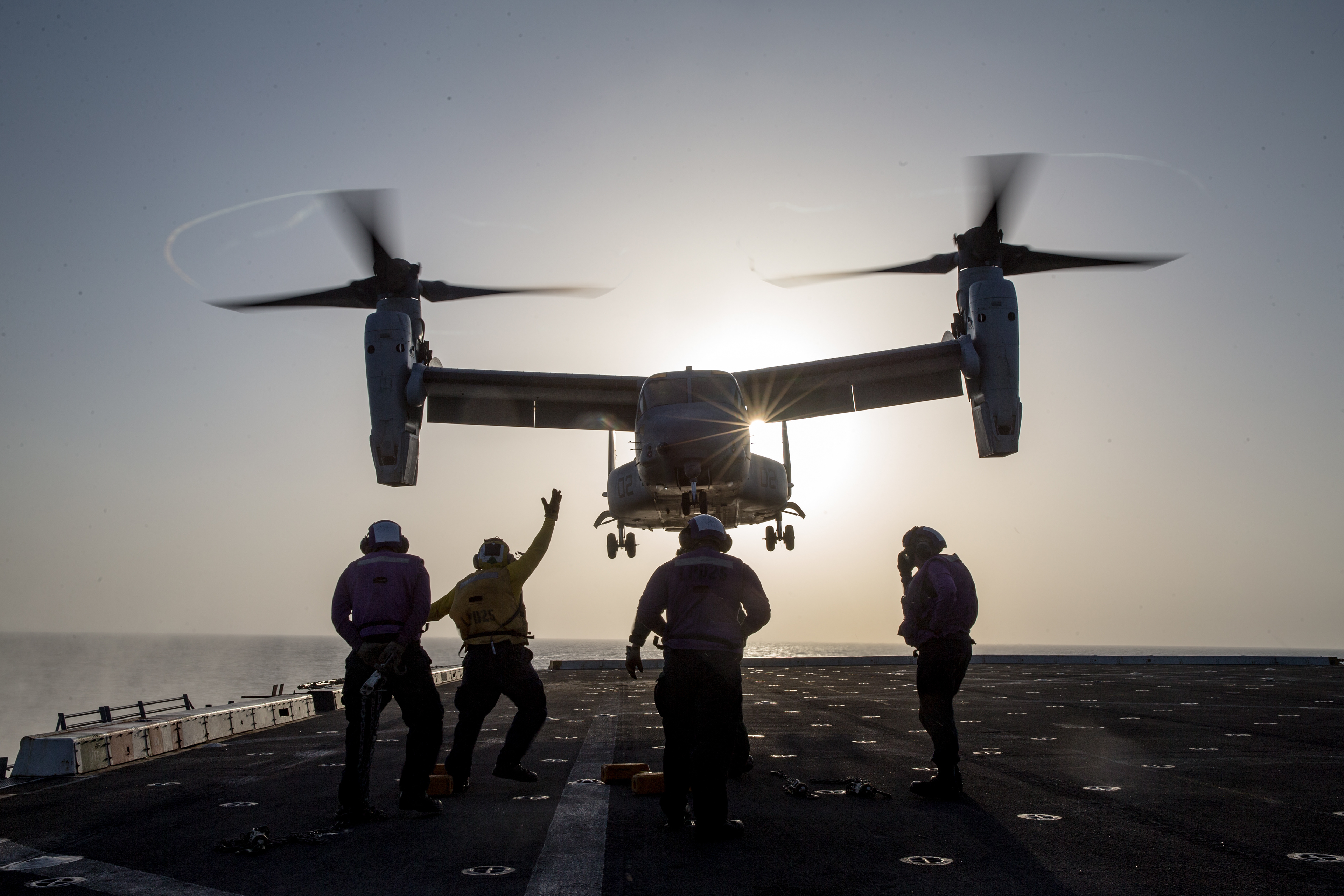 INDIAN OCEAN (Jan. 25, 2021) – A U.S. Marine Corps MV-22 Osprey assigned to Marine Medium Tiltrotor Squadron 164 (Reinforced), 15th Marine Expeditionary Unit, takes off from the flight deck of the amphibious transport dock ship USS Somerset (LPD 25). The Makin Island Amphibious Ready Group and the 15th MEU are conducting operations in the U.S. 6th Fleet area of responsibility.