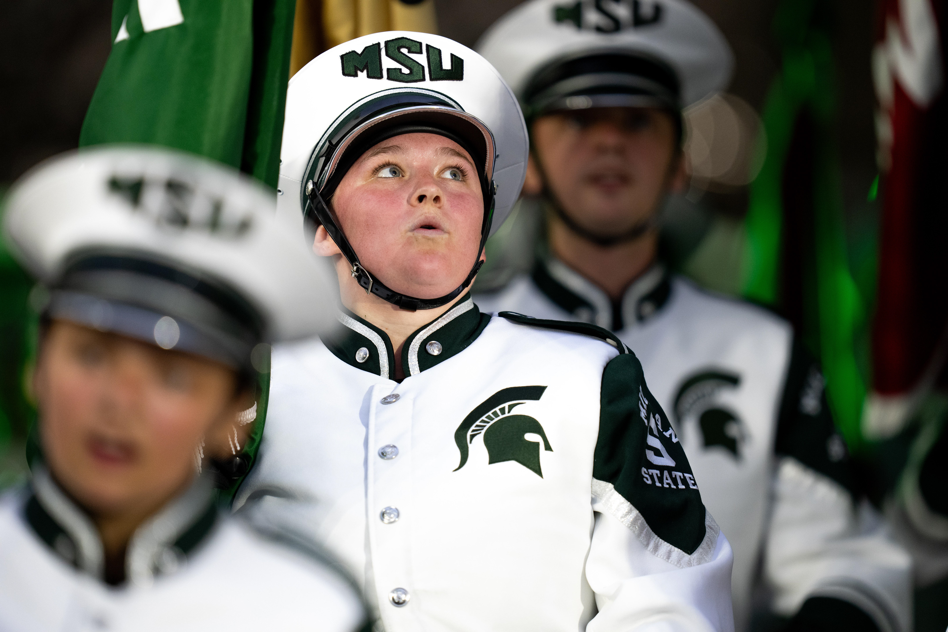 A member of the Spartan Marching Band takes in the grandiose views of Spartan Stadium, Sept. 28, 2024. Despite a competitive first half, the Spartans fell 38-7 to the Buckeyes.