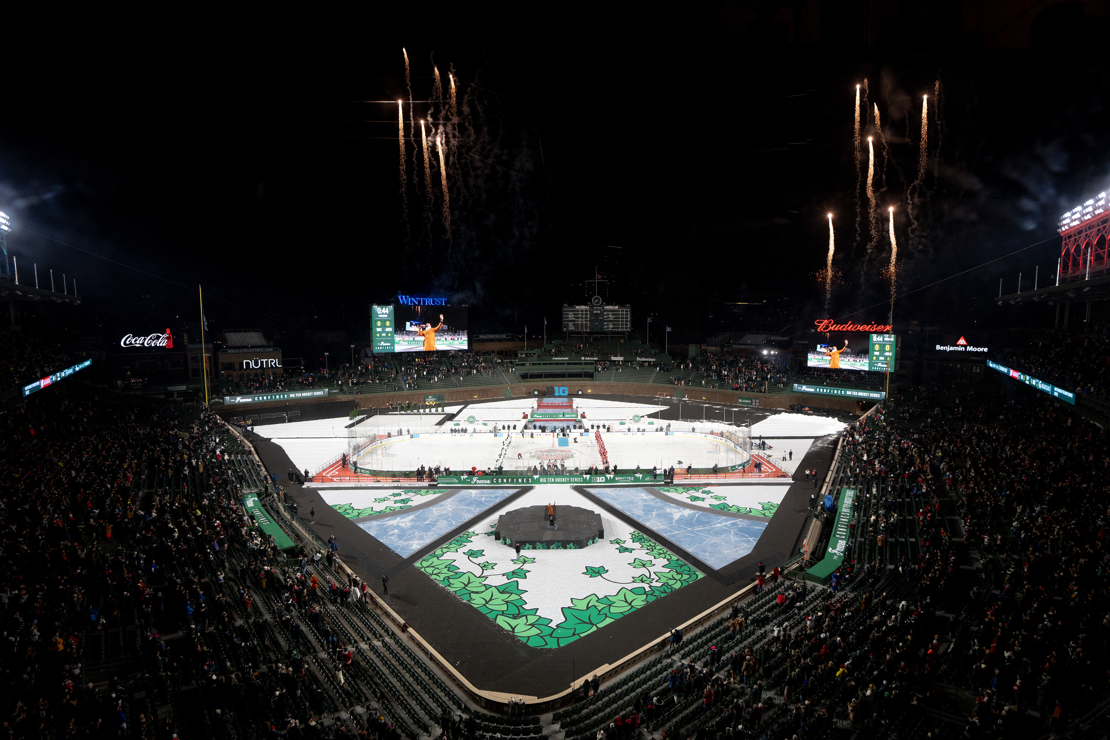 No. 1 Michigan State and the University of Wisconsin round out their regular season match-ups at the Frozen Confines at Wrigley Field in Chicago on Jan. 4, 2025. The Spartans' junior forward Daniel Russell (20) netted the overtime winner with under two seconds remaining, earning the weekend sweep over the Badgers.