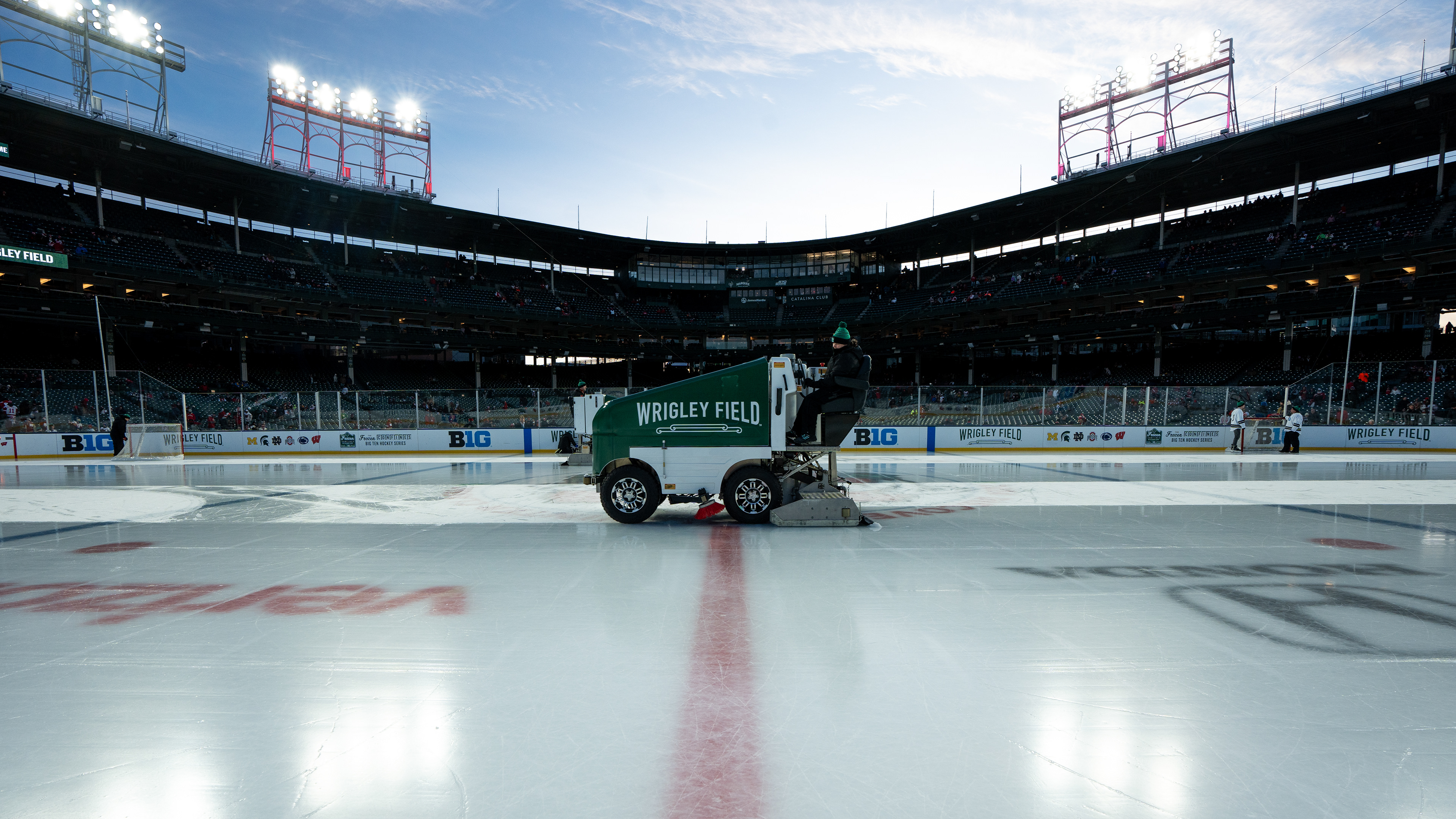 A Zamboni resurfaces the ice at Wrigley Field in Chicago on Jan. 4, 2025. The Spartans' junior forward Daniel Russell (20) netted the overtime winner with under two seconds remaining, earning the weekend sweep over the Badgers.