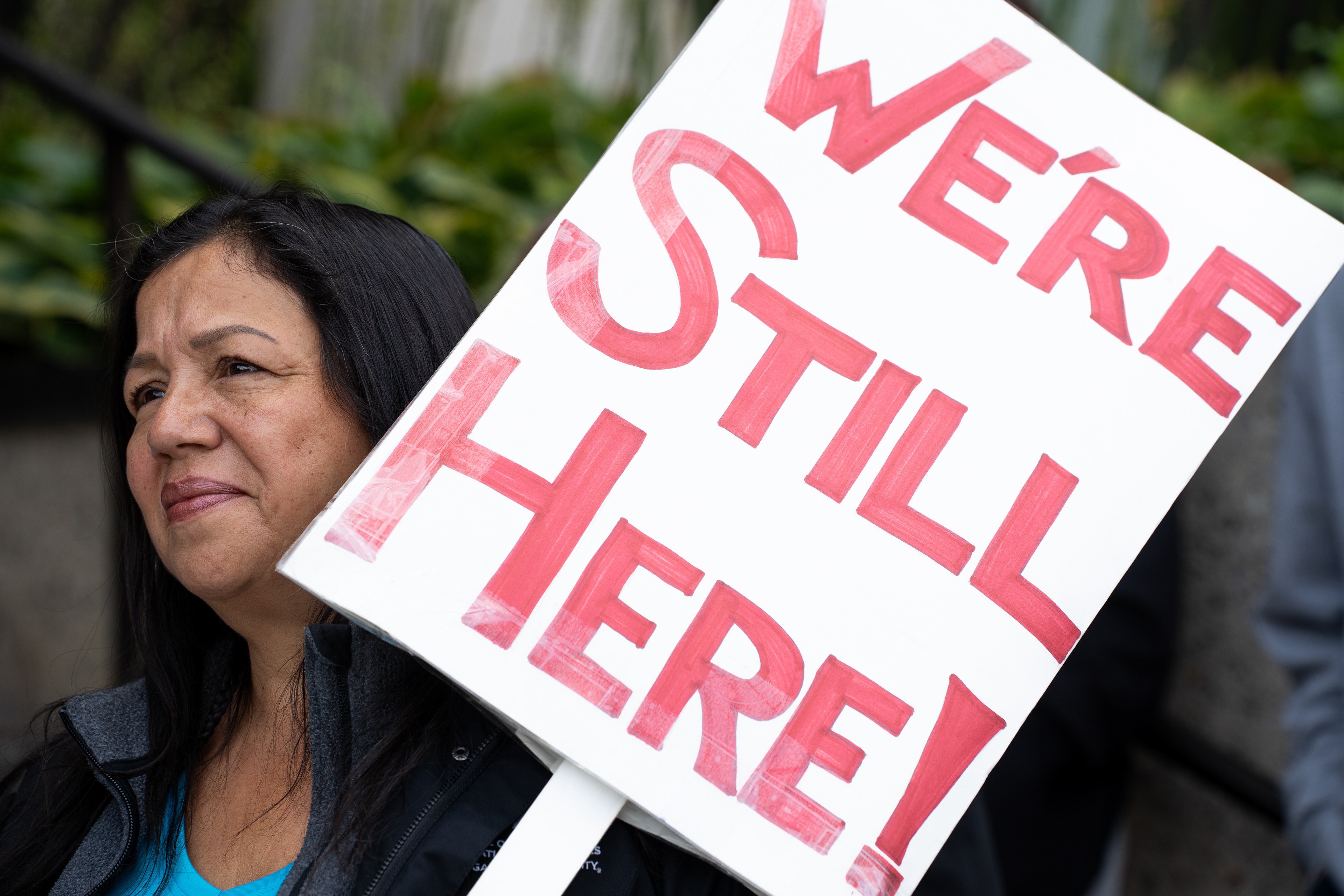 A member of Michigan State University indigenous communities protest at the Hannah Administration building, commemorating Indigenous Peoples Day, Oct. 14, 2024. The march across campus was hosted by the North American Indigenous Student Organization and critiqued the University's prideful position as the United States' first land grant university.
