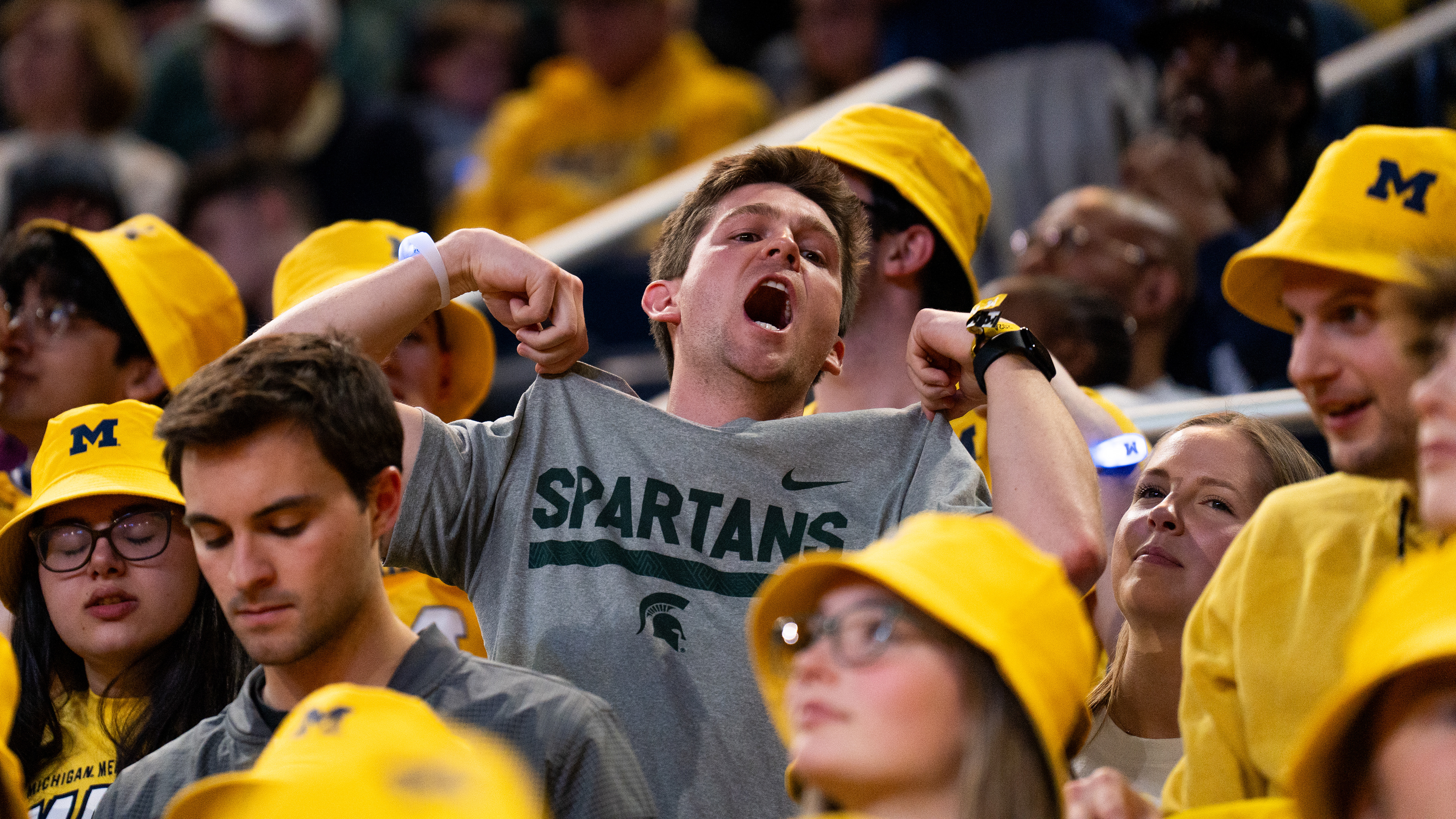 A Michigan State fan at the Crisler center in Ann Arbor, Feb. 17, 2024. Michigan State secured their first win in Ann Arbor since 2019.