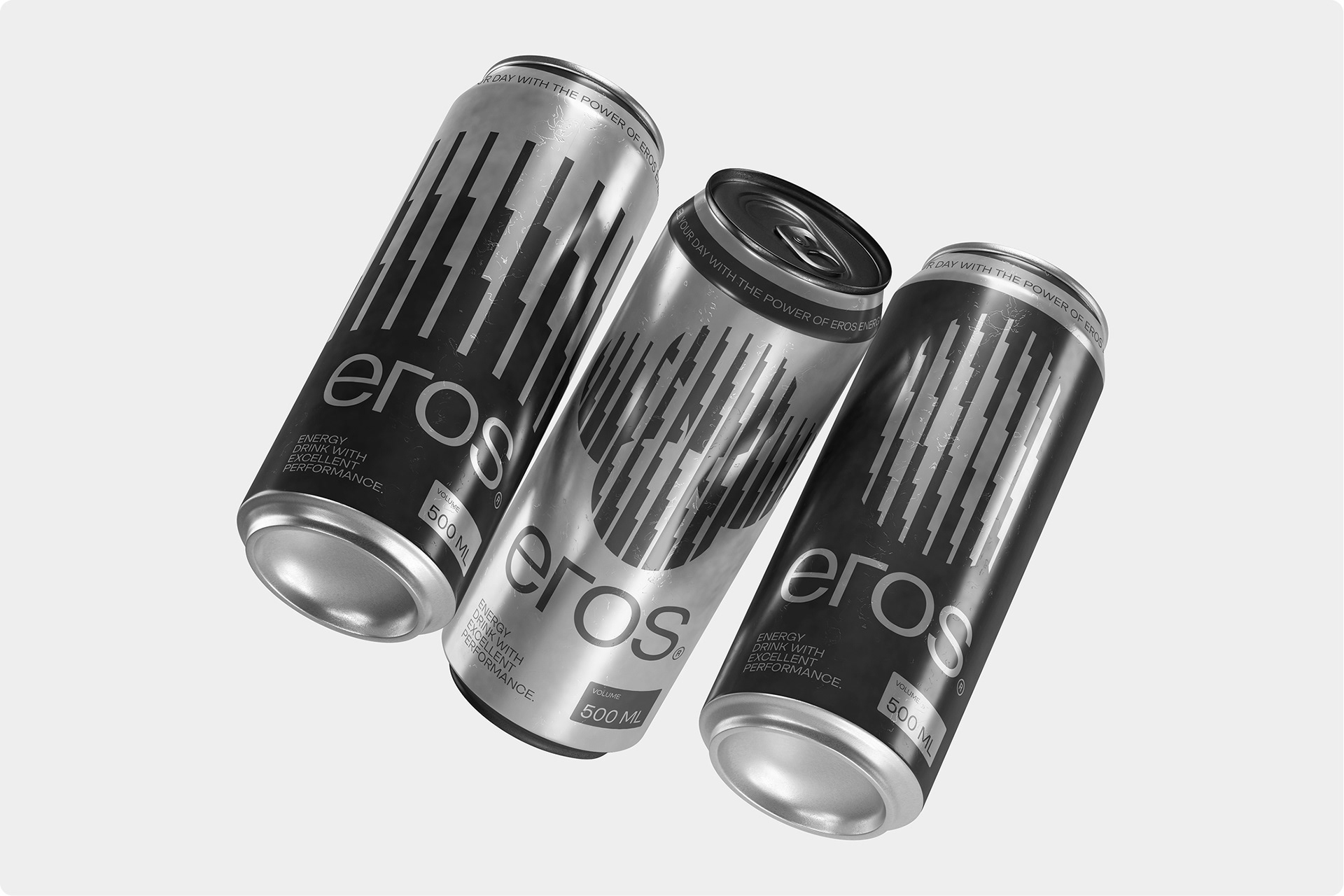 Eros Energy Drink Beverage packaging design, logo design and graphic design for Eros, an energy drink brand. The project includes brand identity development with a custom geometric logo symbol constructed from four circles and rectangles, communicating harmony, power and innovation. The visual identity and product packaging design reflect the bold, energetic positioning of the brand in the beverage market.