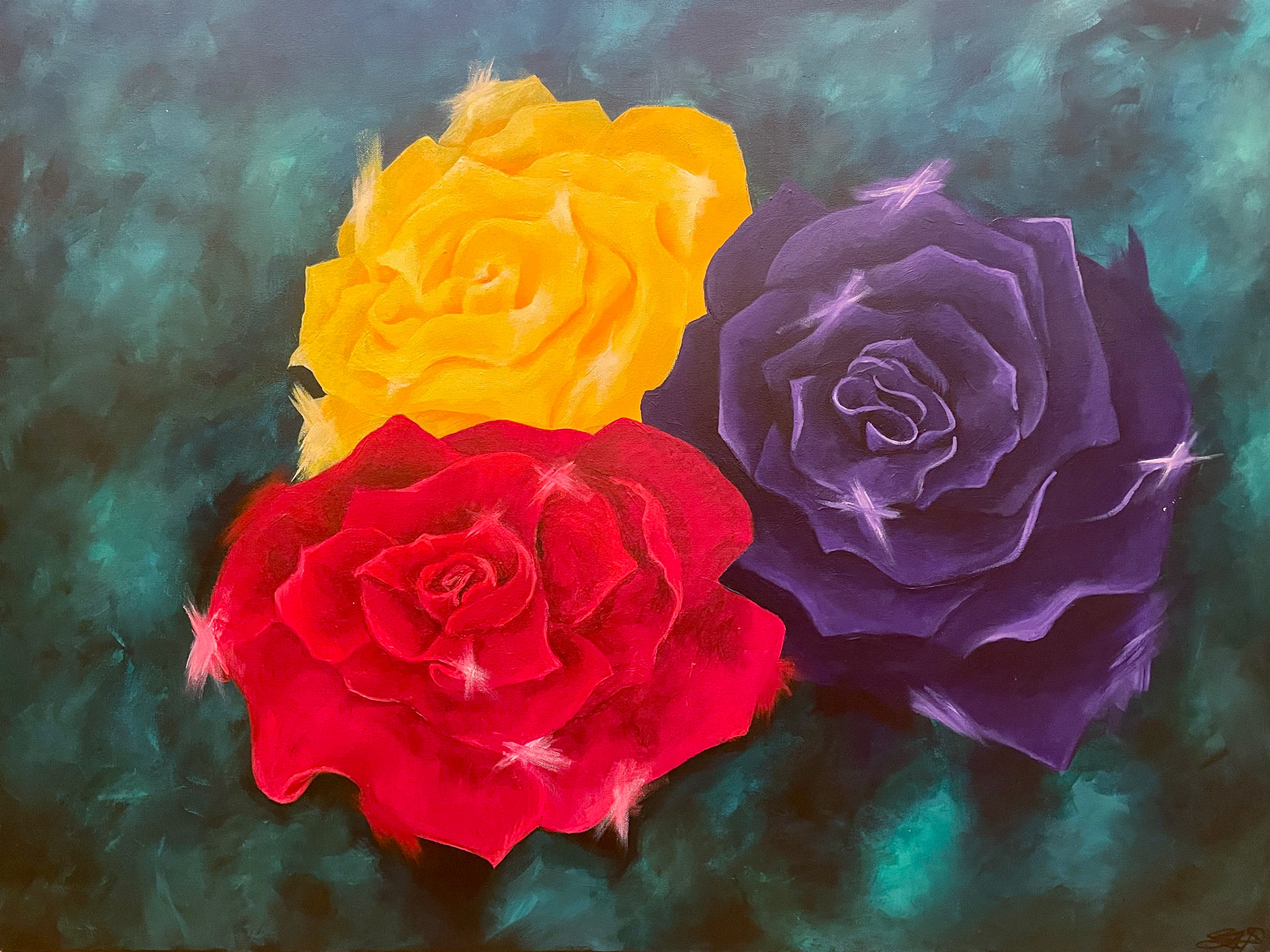 Tri-color Roses, 2021, Acrylic on canvas, 36"x48" - Commissioned Piece
