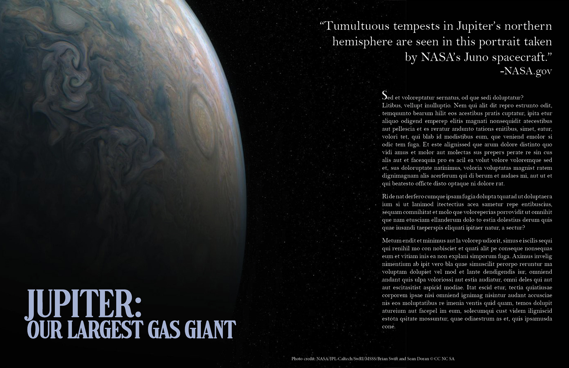 image of magazine spread featuring Jupiter and titled "Jupiter: Our Largest Gas Giant."
