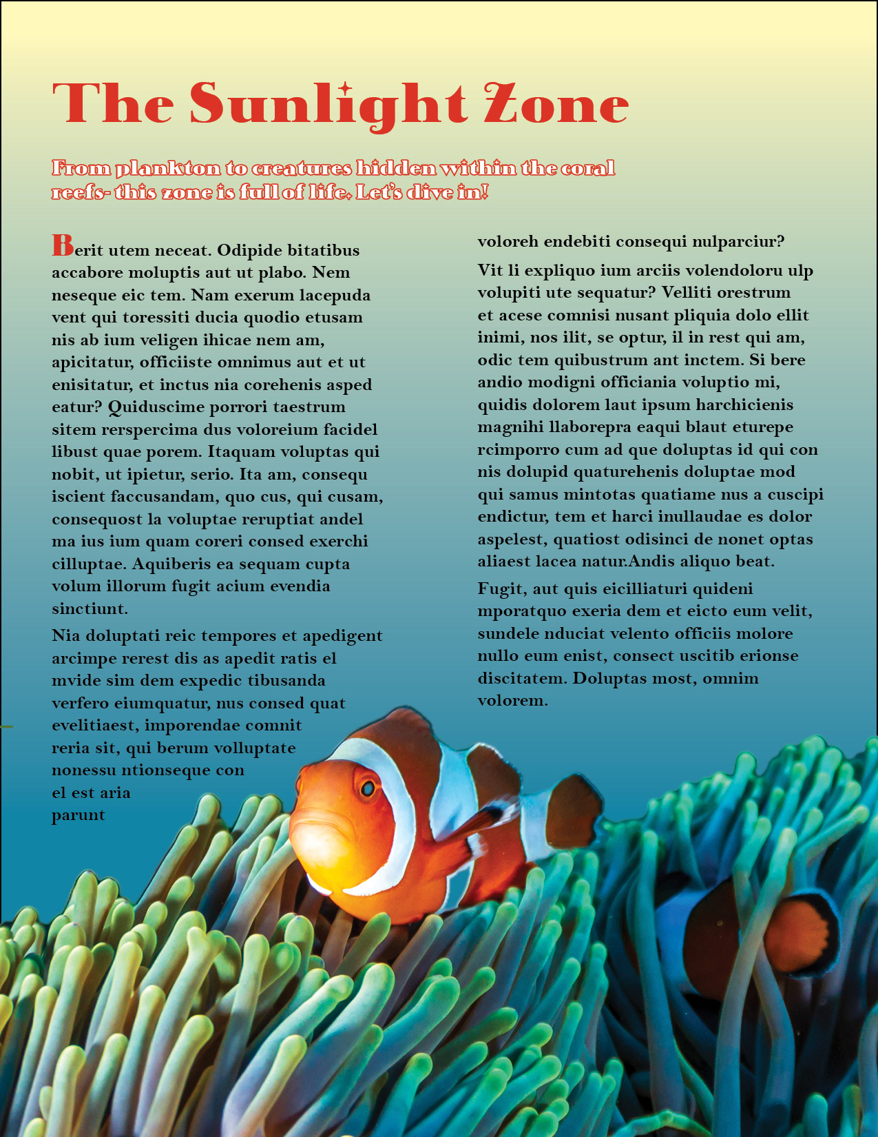 Image of magazine spread featuring picture of clown fish