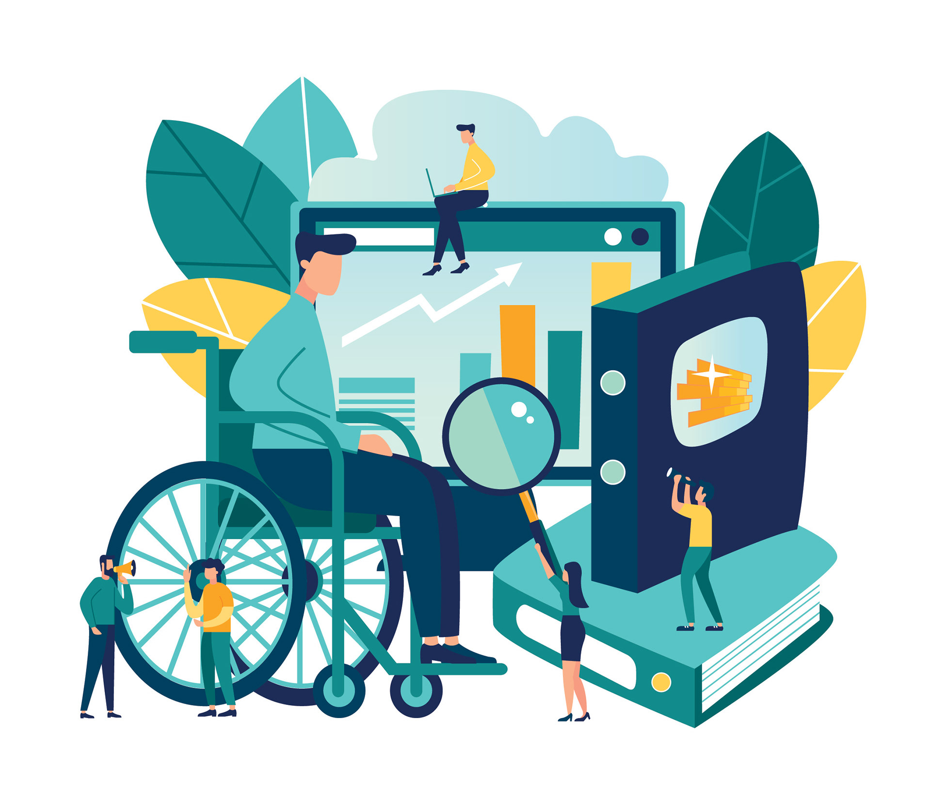 Graphic features a person in a wheelchair, person with a magnifier, and other people using assistive technology.
