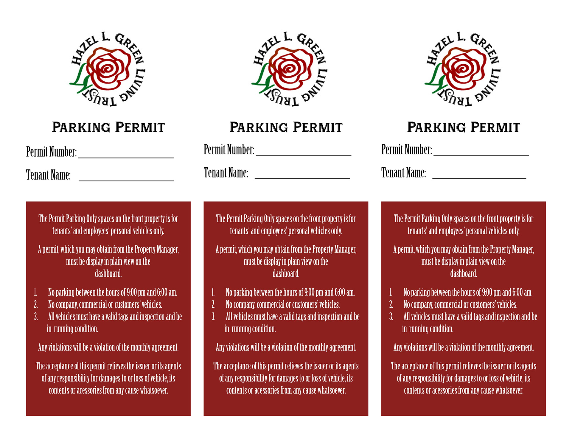 Image of Parking Permits for Hazel L. Green Living Trust
