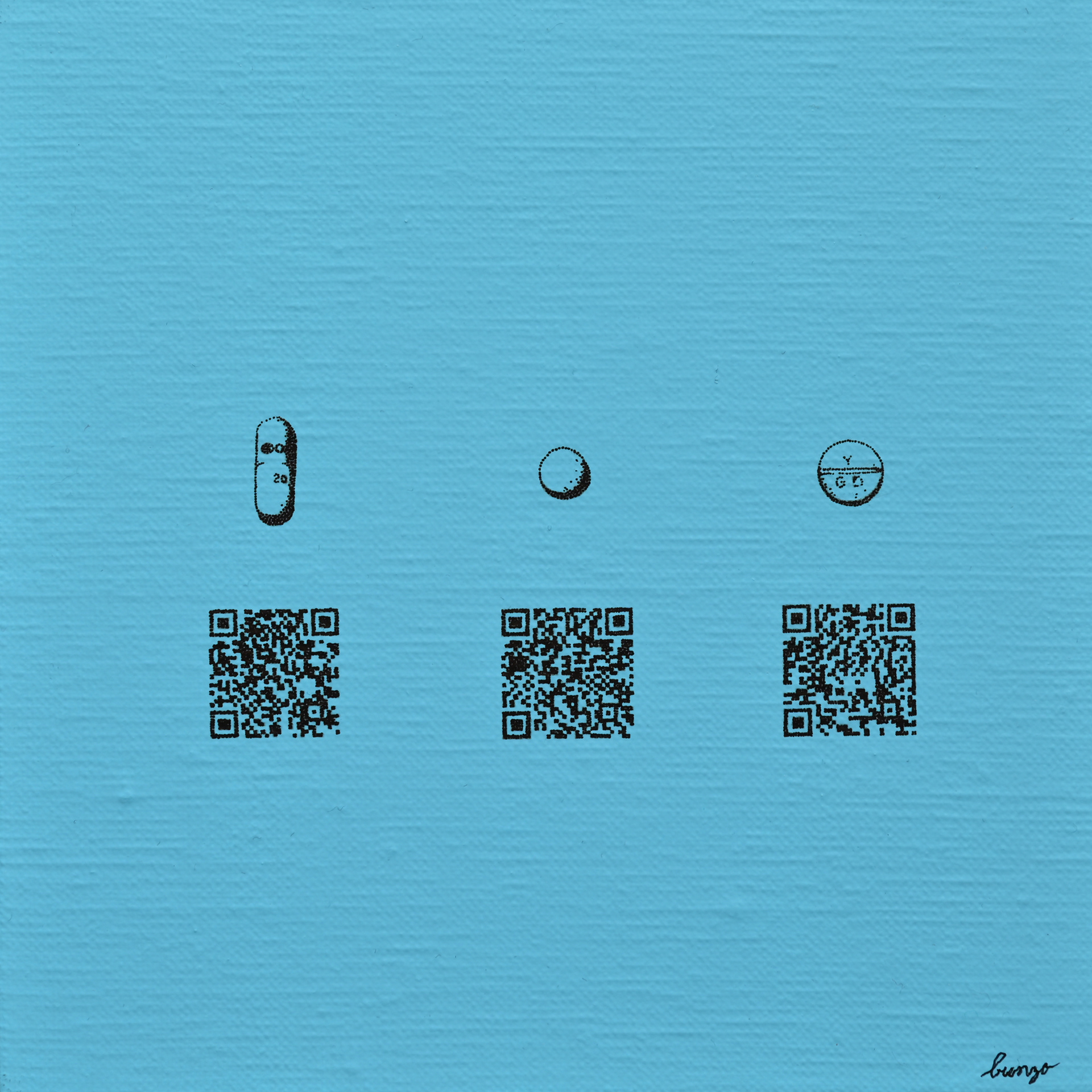 「サインバルタ、 トリプタノール、グッドミン」サイズ：H180 × W180mm 素材：アクリル, 油性マーカー, 包み張りキャンバス(シナベニヤパネル)　技法：点描