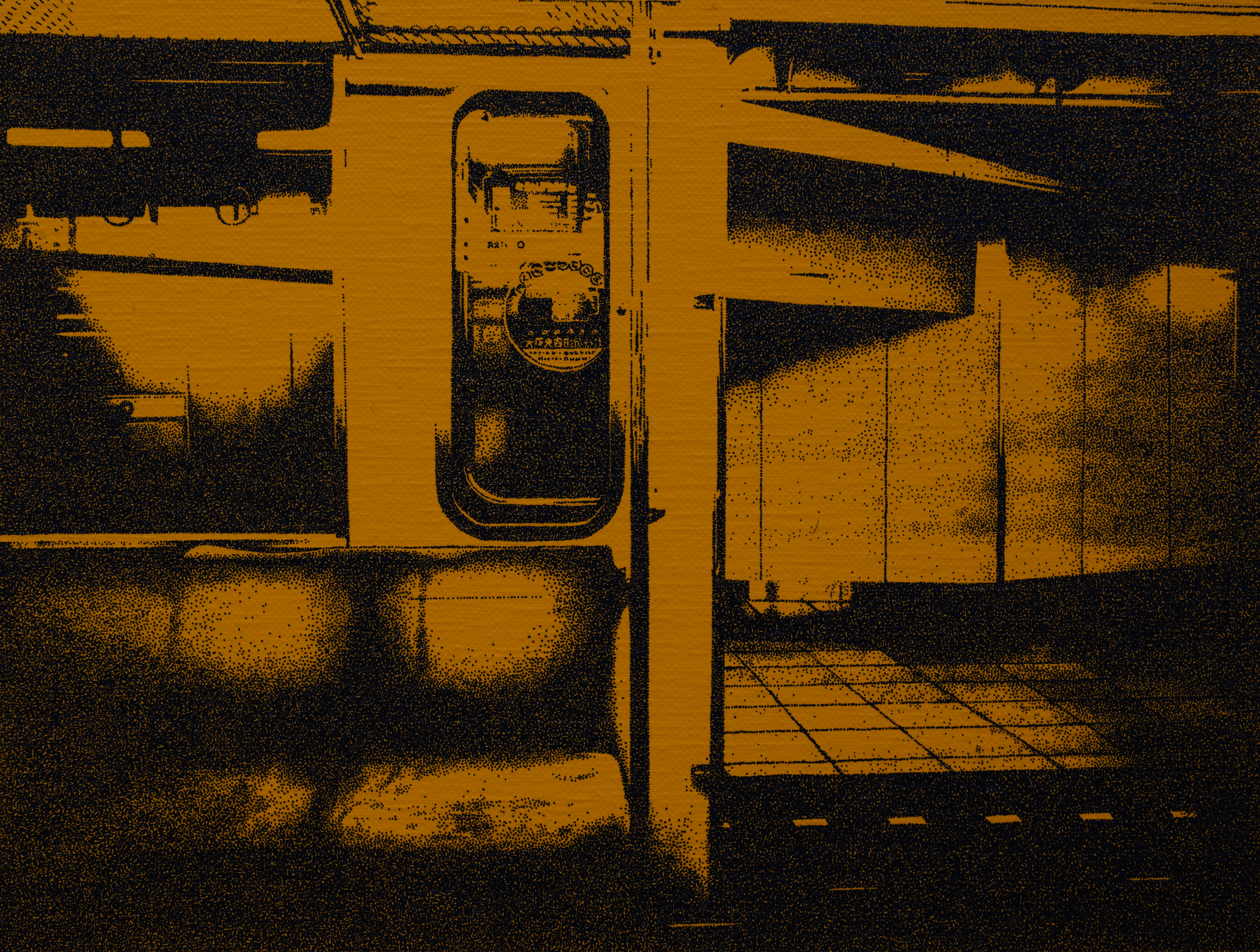 「京王線 新宿発特急高幡不動行き」サイズ：H220 × W273mm 素材：アクリル, 油性マーカー, 包み張りキャンバス(シナベニヤパネル)　技法：点描