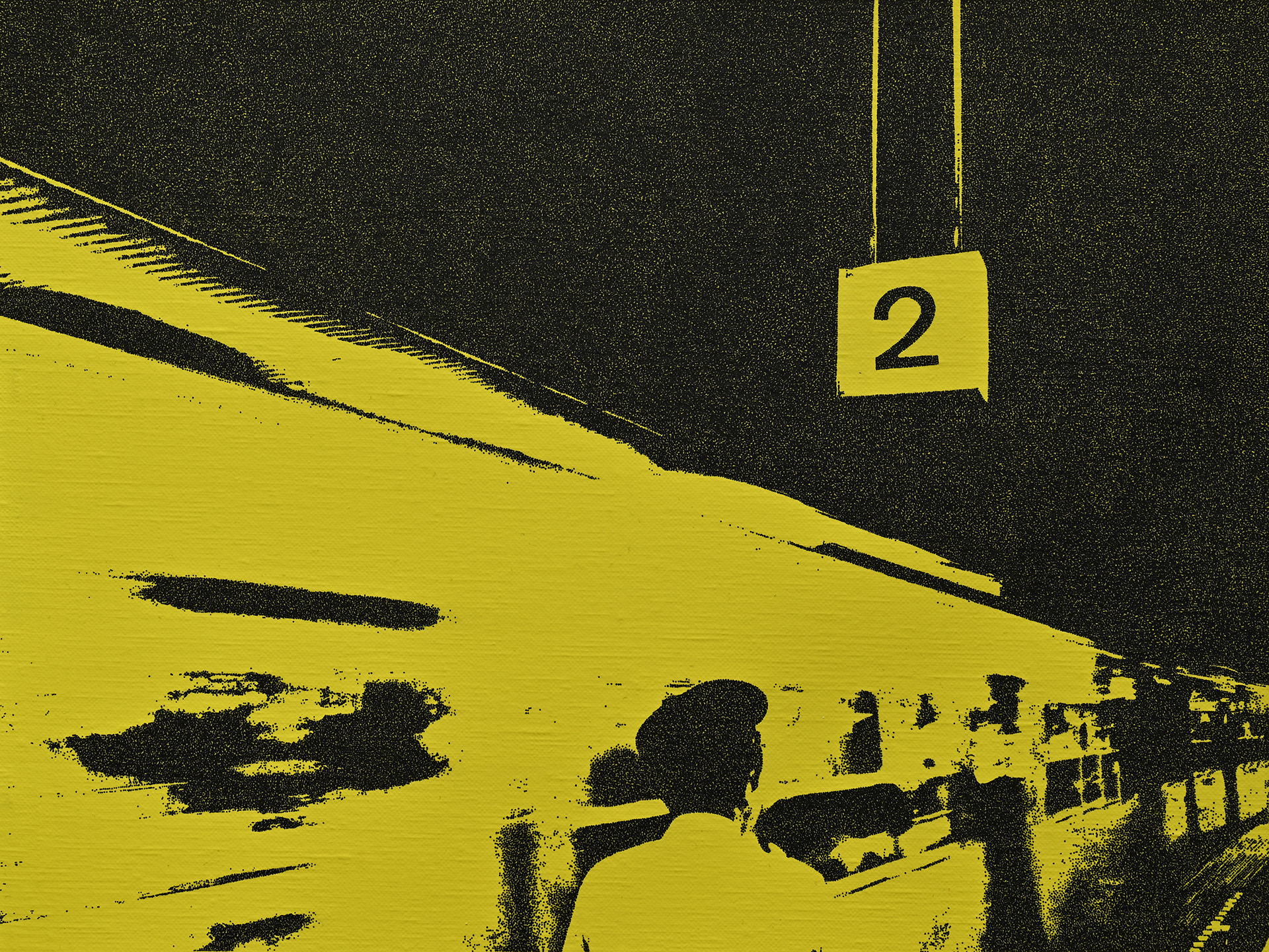 「2番線ホーム」サイズ：H410 x W318mm 素材：アクリルガッシュ、油性マーカー、包張りキャンバス(シナベニヤパネル) 技法：点描