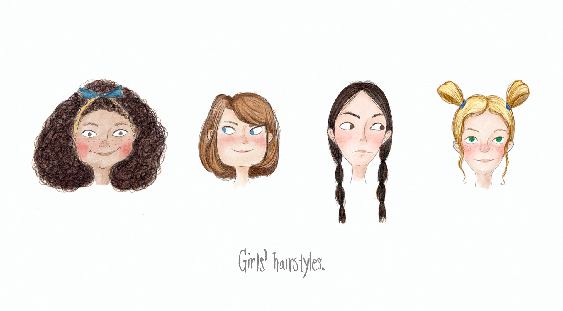 illustration characters - internal hairstyles - digital watercolor